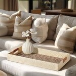 Pandan Chevron Design Faux Leather Handle 12x20" Rectangle Tray