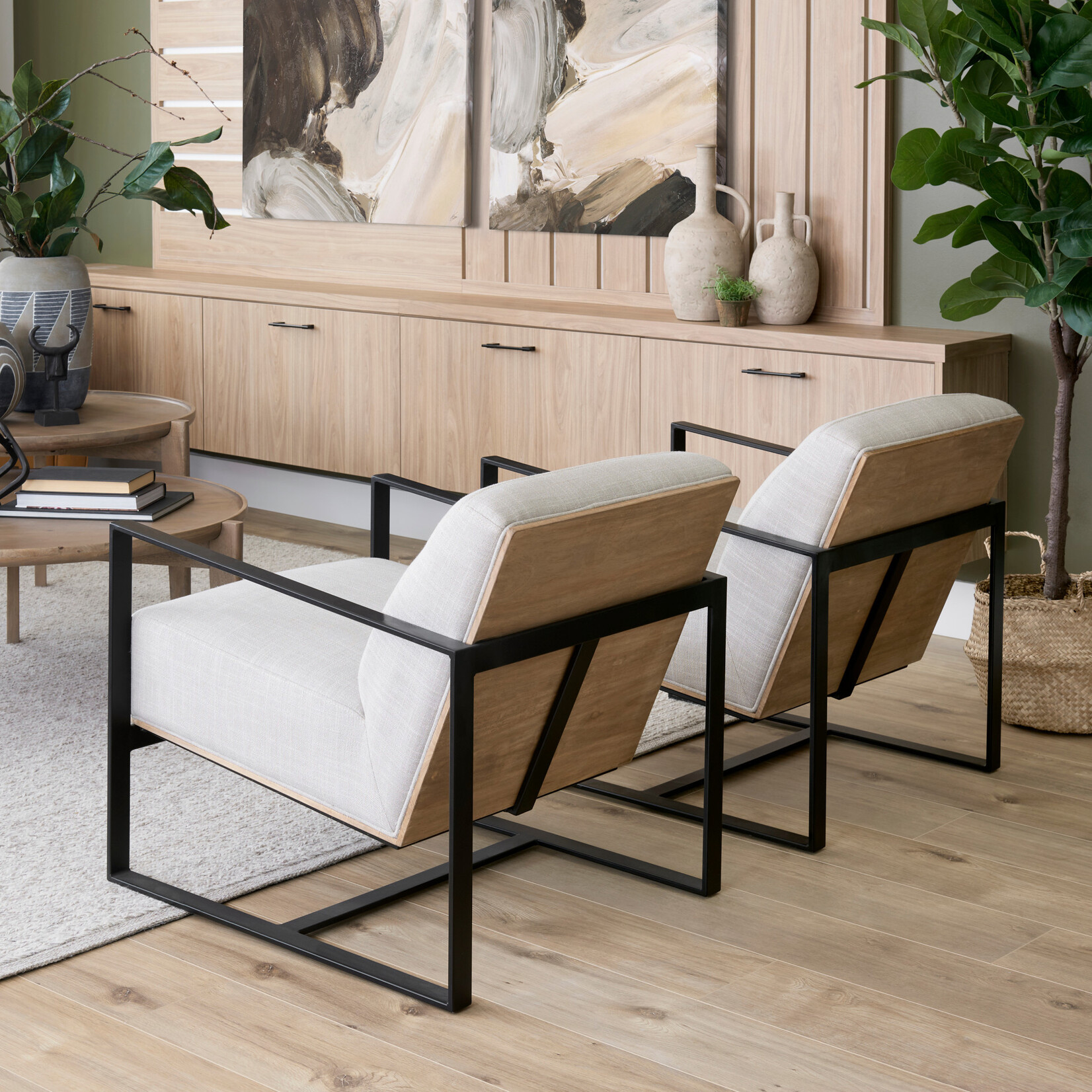 Stamford Light Beige Upholstered Seat w/ Wood Back, Metal Frame Accent Chair