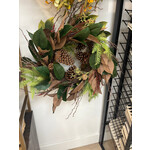 Fall Wreath Magnolia Leaves 24" green/brown with greenery, pine cone and twigs