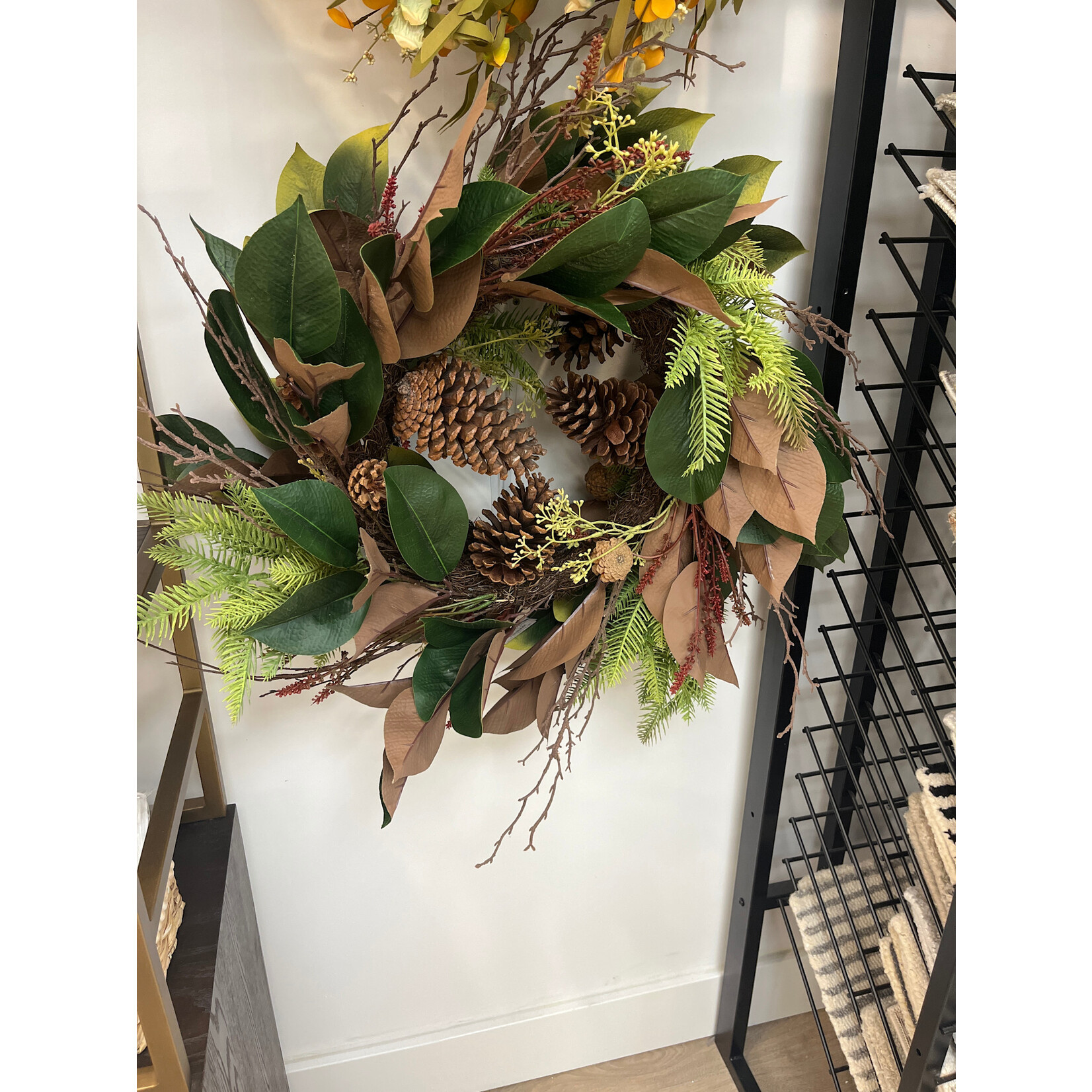 Fall Wreath Magnolia Leaves 24" green/brown with greenery, pine cone and twigs