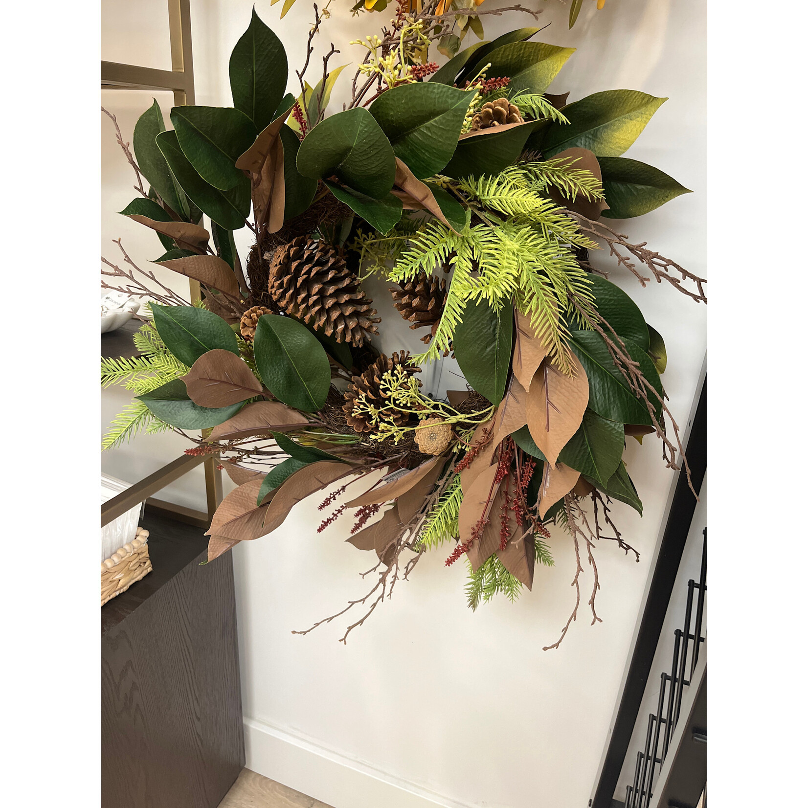 Fall Wreath Magnolia Leaves 24" green/brown with greenery, pine cone and twigs