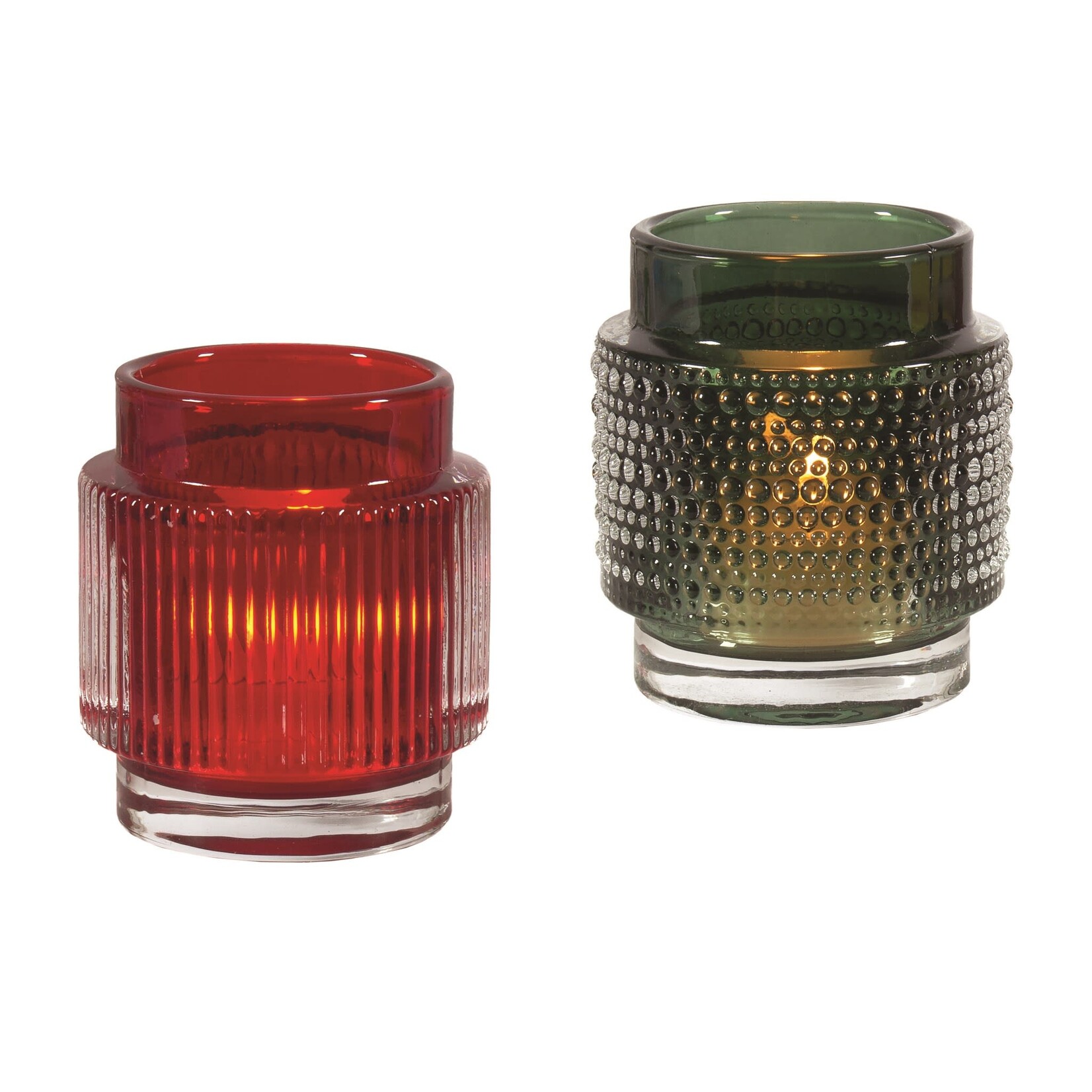 Red and green modern glass tealight holders.