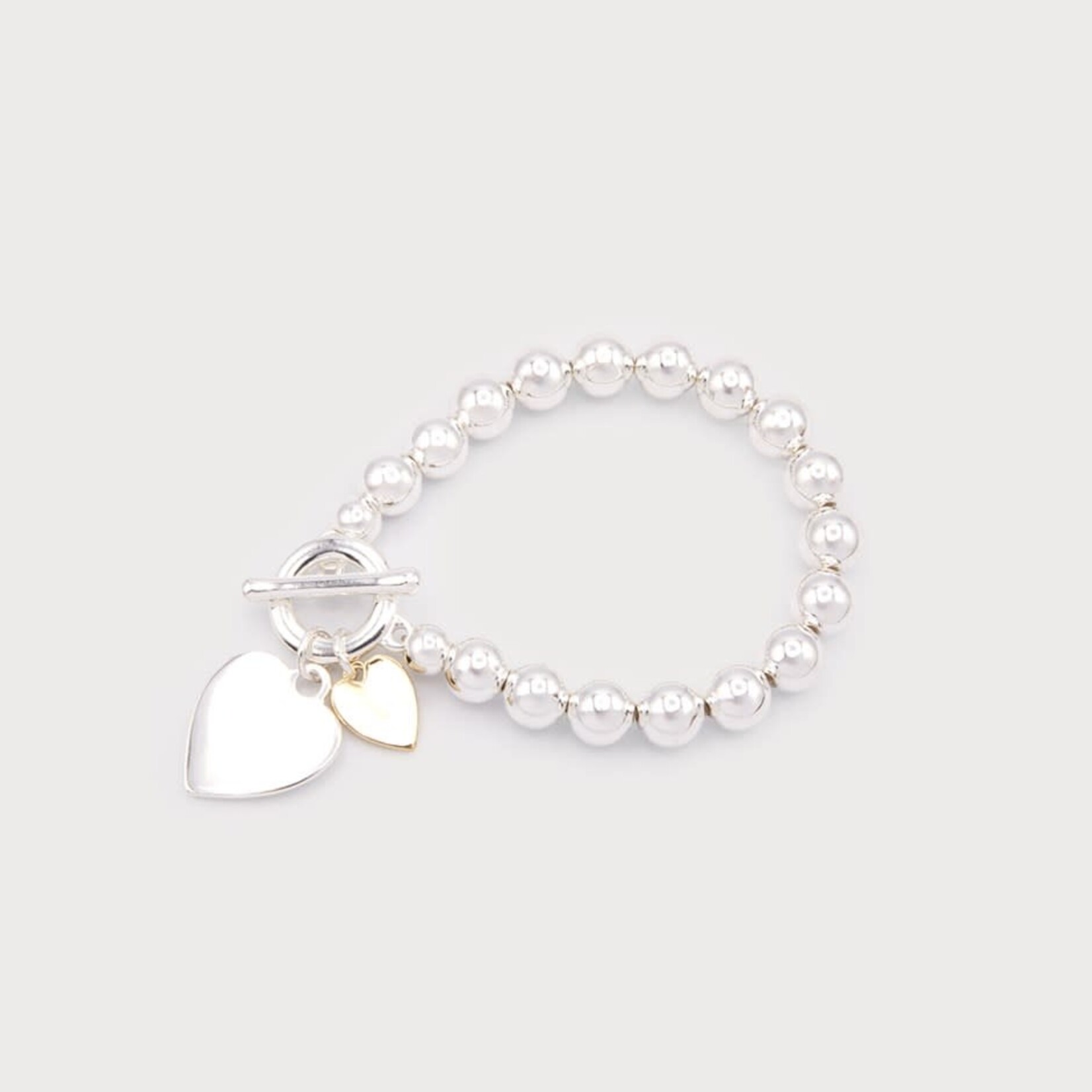 BEADED BRACELET WITH HEART CHARMS AND TBAR CLOSURE - silver