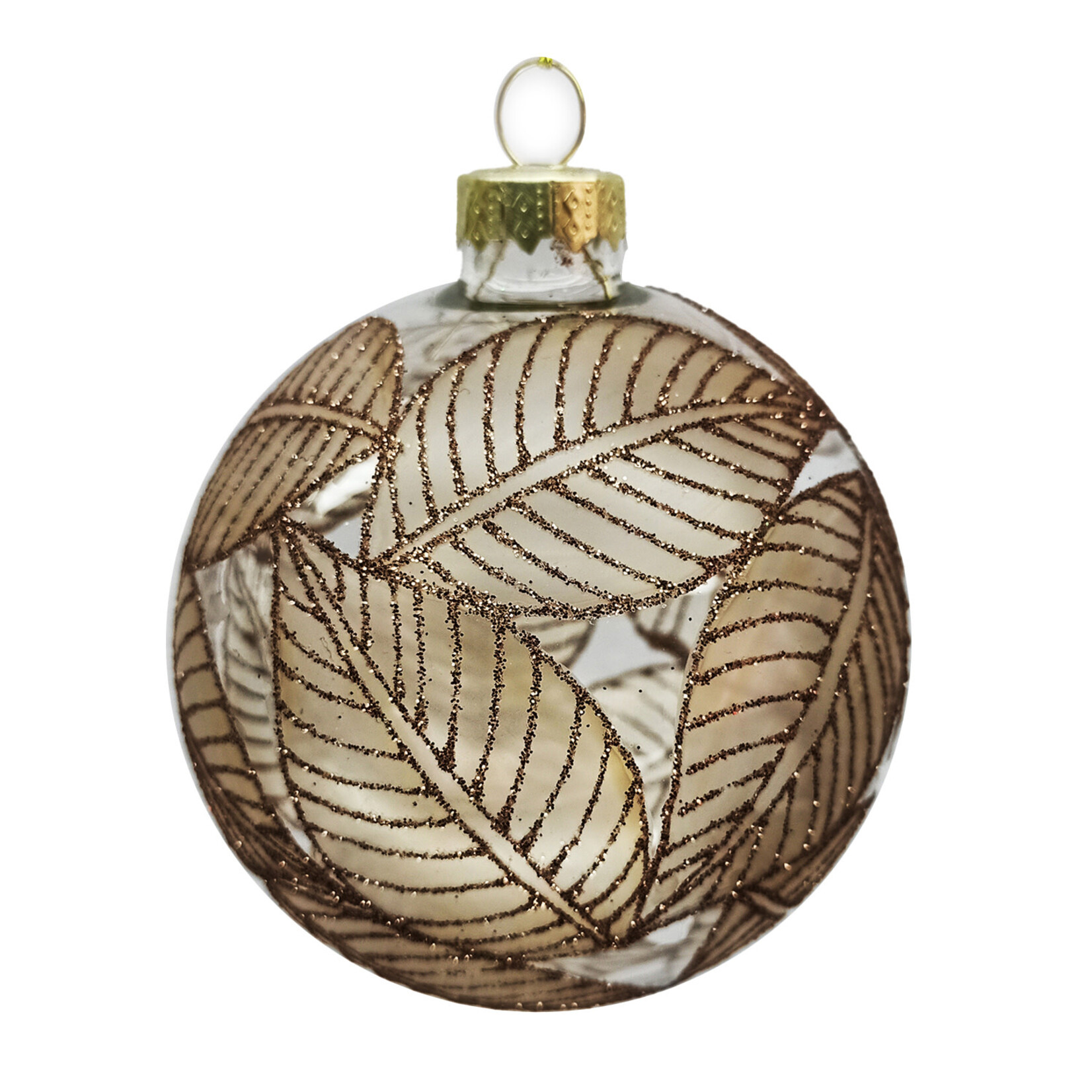 Glass Ball with Brown Glitter Magnolia Leaf "