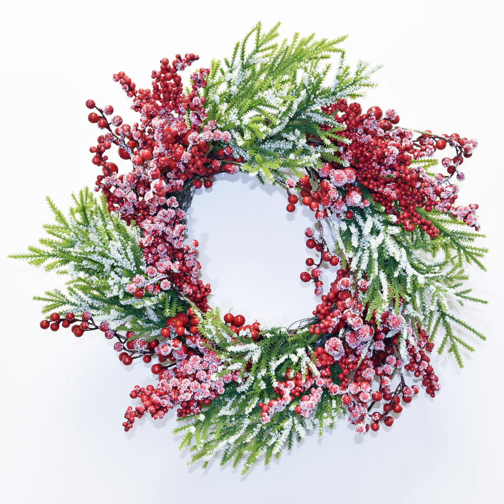 Frosted Green Cedar Wreath with Berries 22"