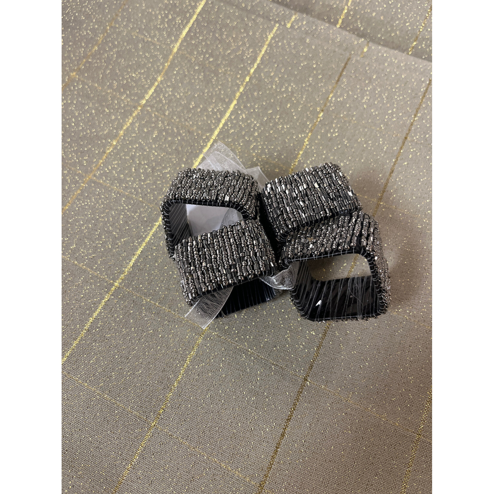 Silver Square Beaded Napkin Ring - Set of 4