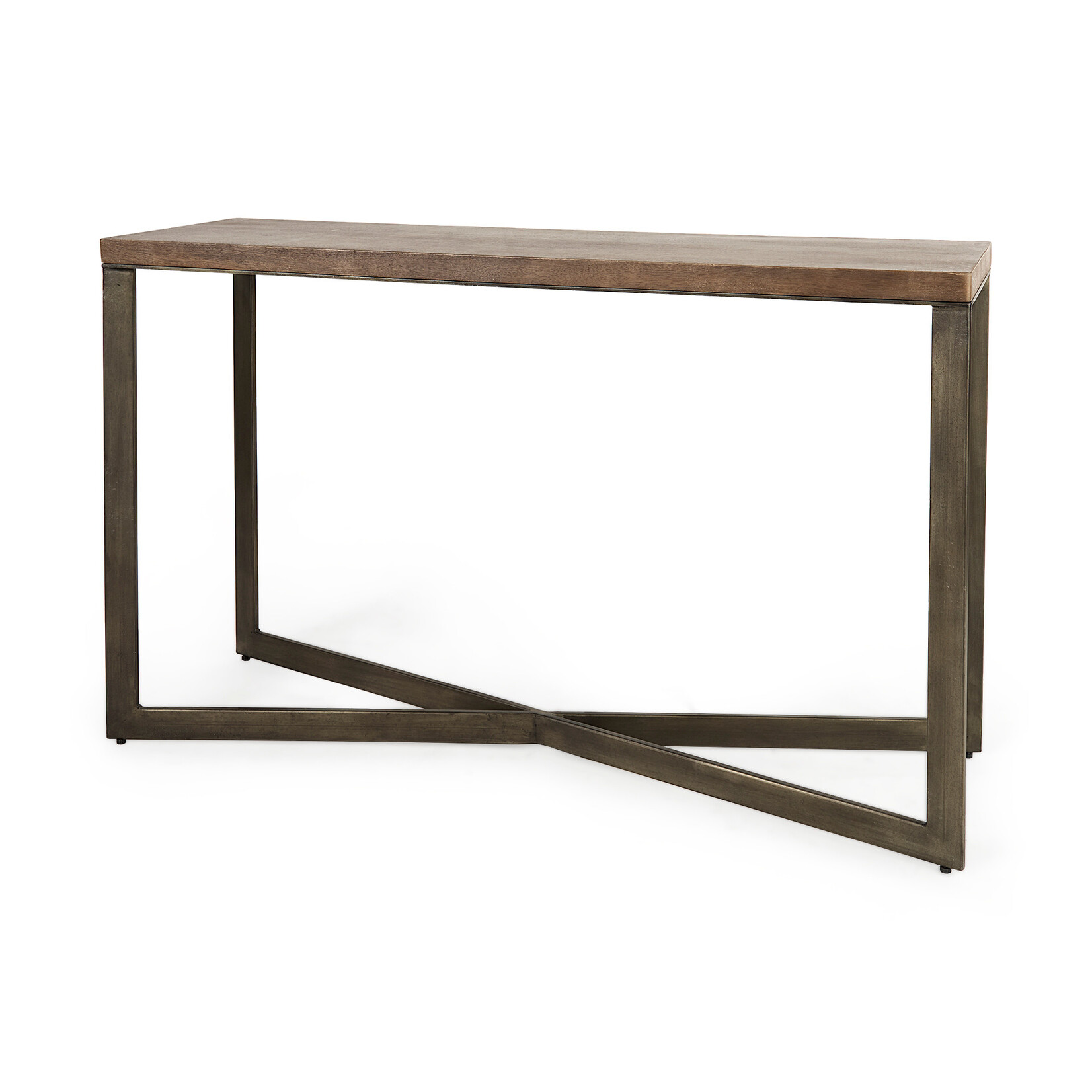 Faye 50L x 15W x 30H Medium Brown Wood W/Antique Nickel Metal Base Console Table