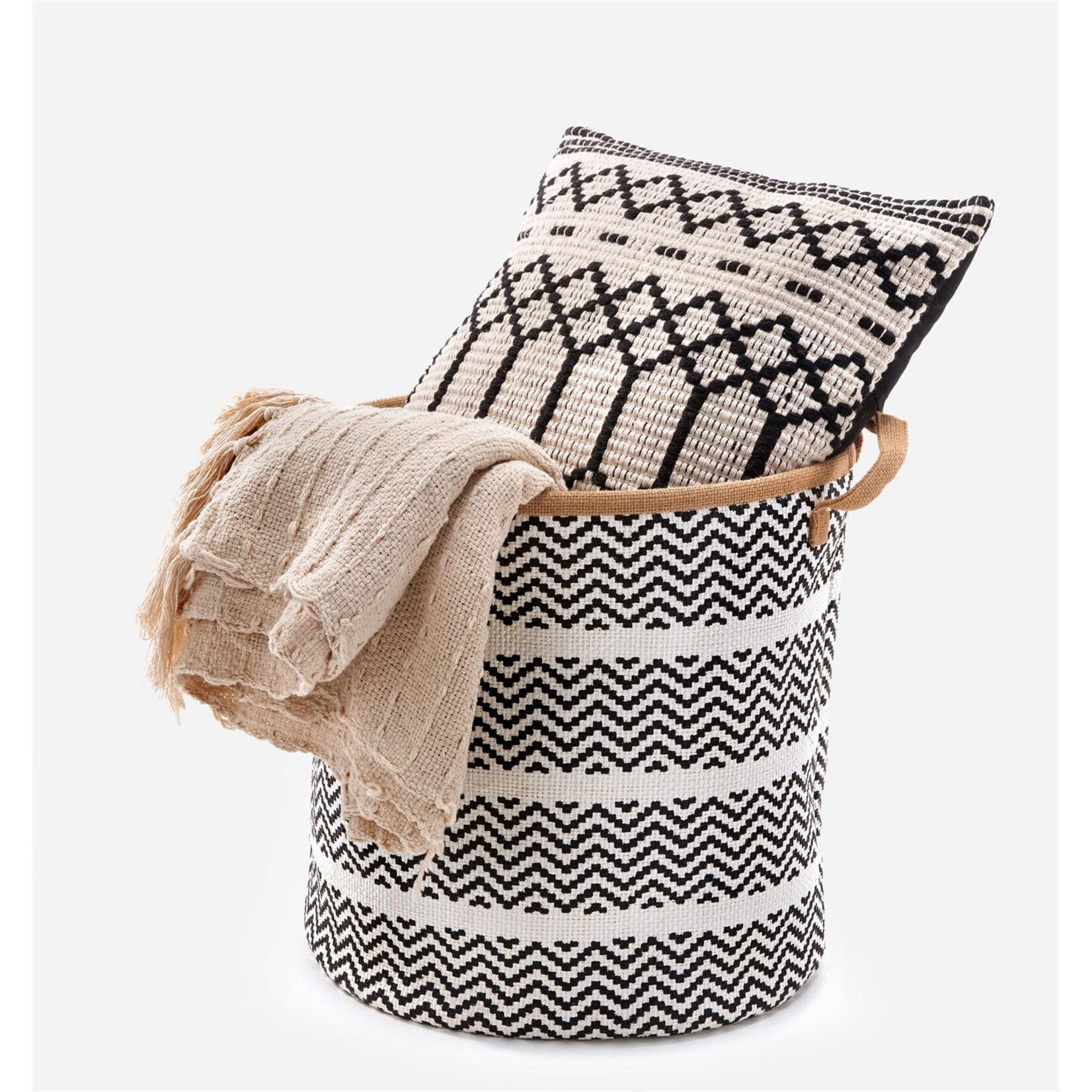 Tall Black and Cream Jute Basket with Handles