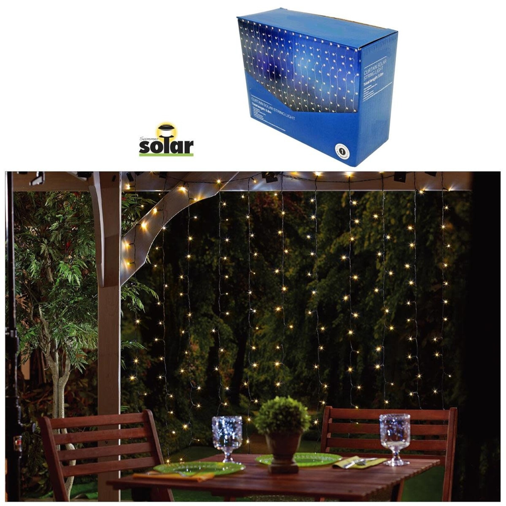 Solar 192 LED Curtain String Lights , LED Dist. 2", Total 6.5', 1set/C