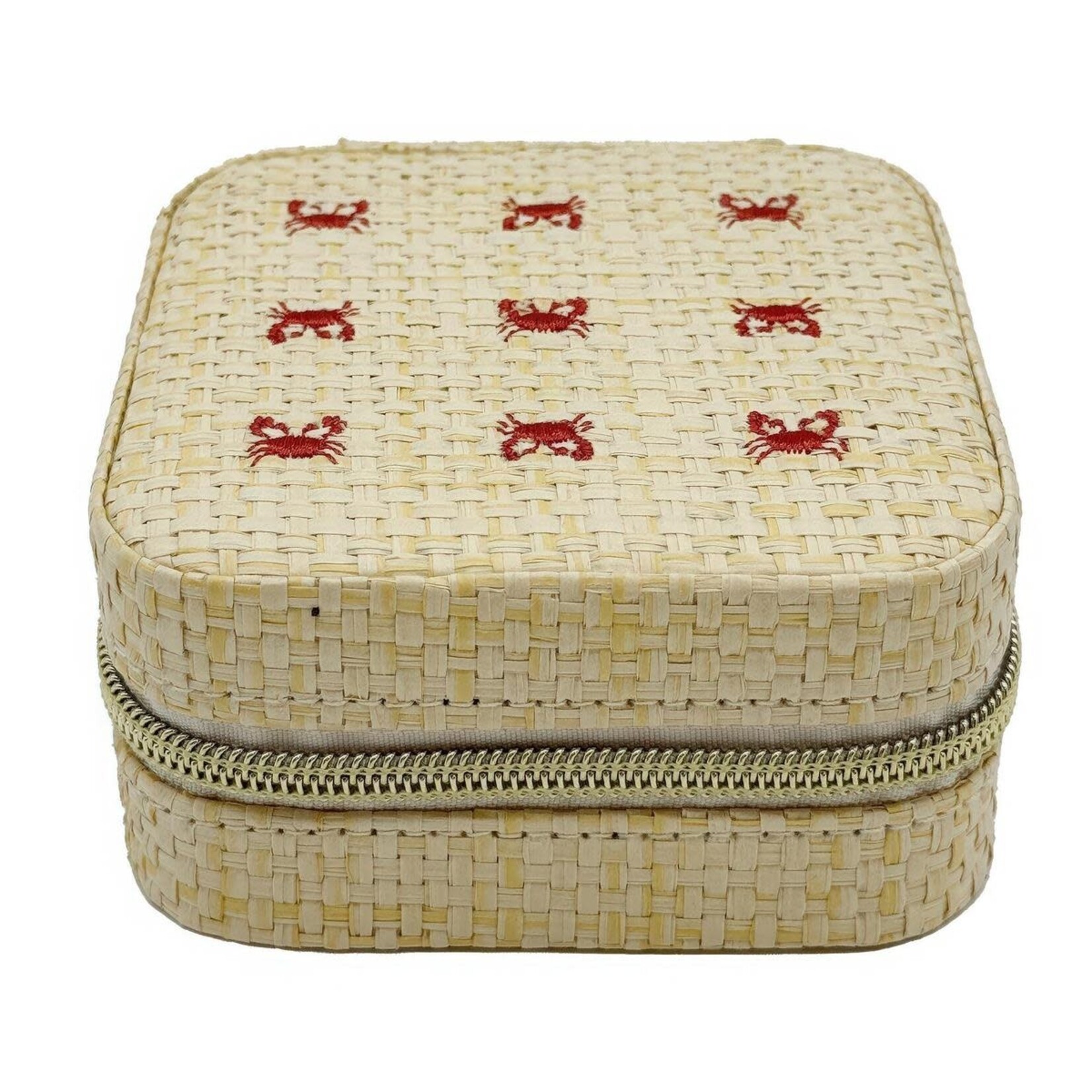 Crab Embroidered Mini Jewelry Case, Seagrass/Cotton/Poly, 4"x2"