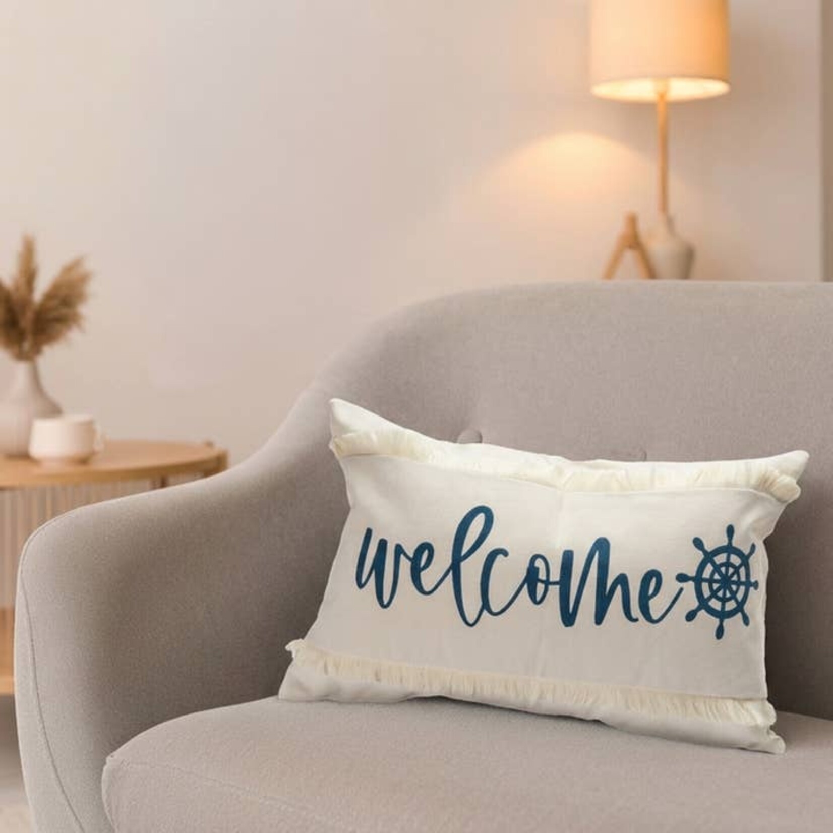 Cushion with Fringe (Welcome Ship Wheel, 20x12)