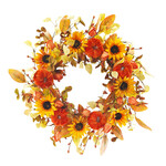 WREATH FALL MIXED LEAVES, PUMPKIN & SUNFLOWER ORANGE 24″ W/ BERRIES & FLOWER BUDS