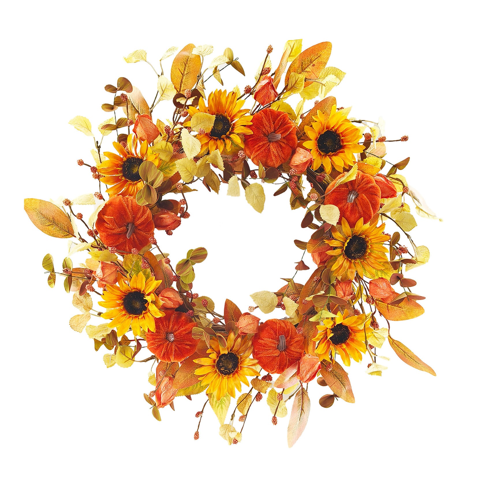 WREATH FALL MIXED LEAVES, PUMPKIN & SUNFLOWER ORANGE 24″ W/ BERRIES & FLOWER BUDS