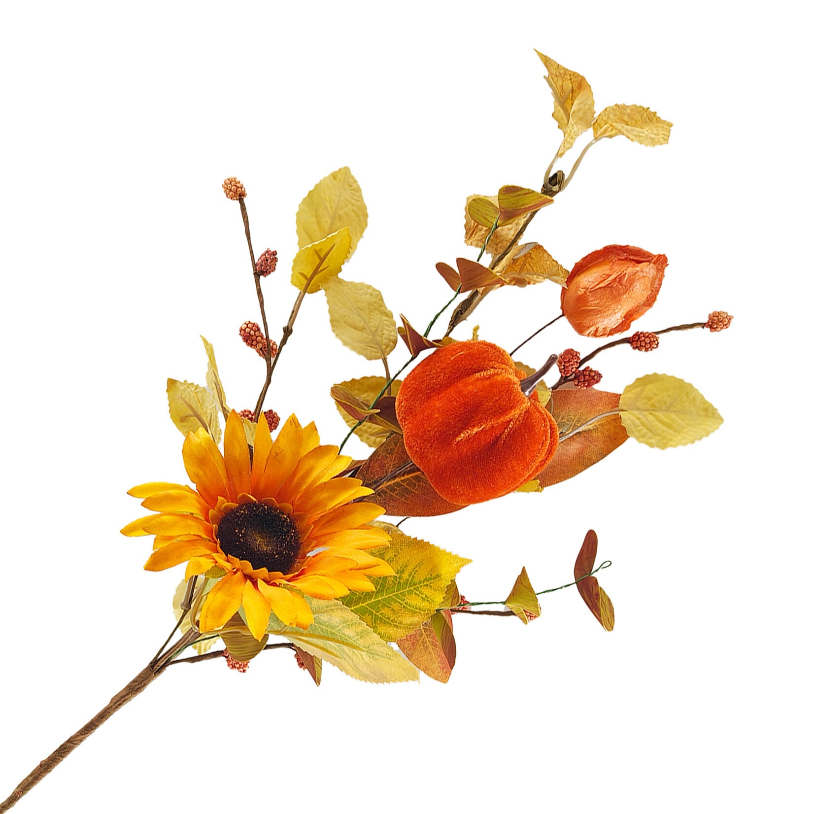 SPRAY FALL MIXED LEAVES, PUMPKIN & SUNFLOWER ORANGE 18″ W/ BERRIES & FLOWER BUDS