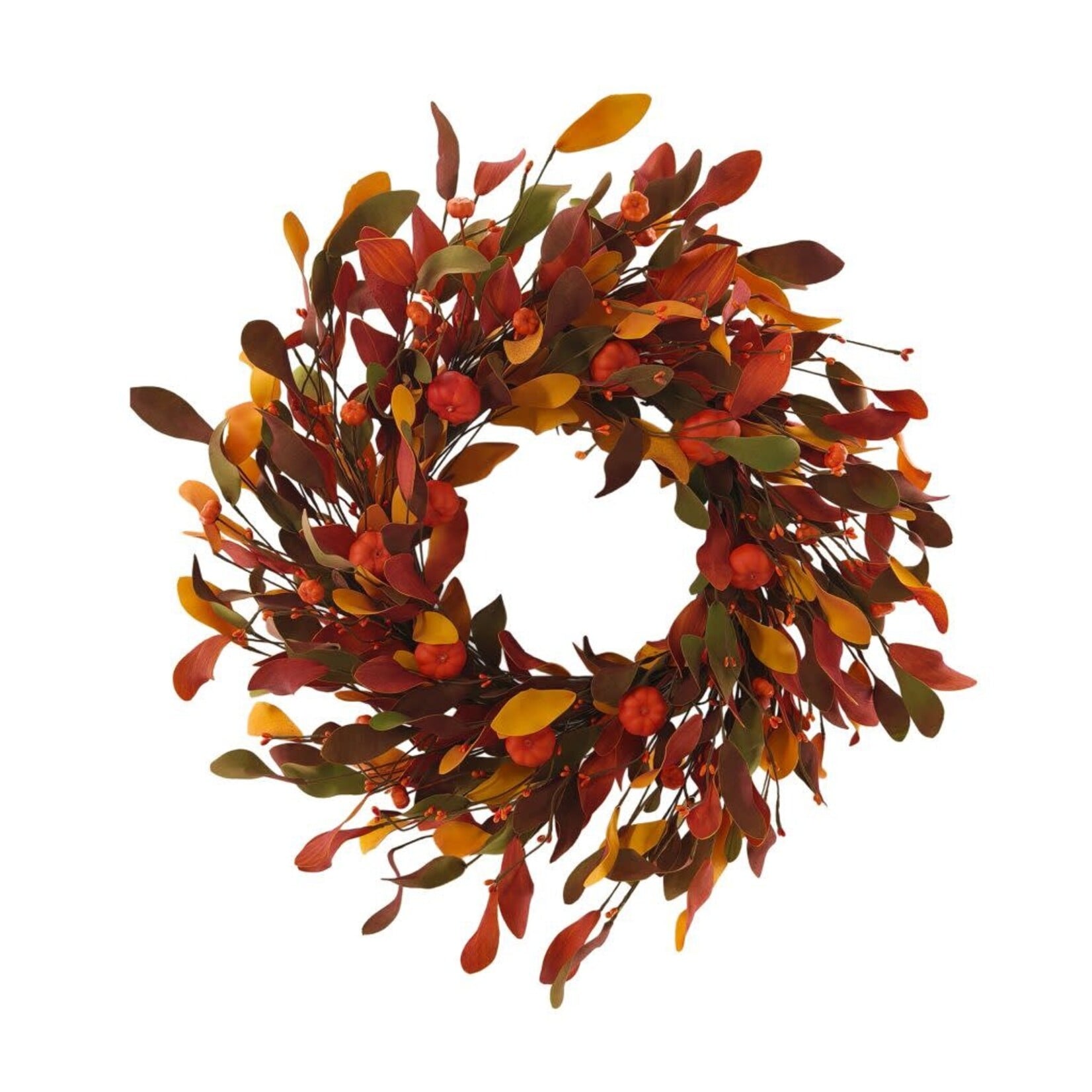 FALL WREATH MINI PUMPKIN POD 22″ BURNT ORANGE BROWN EUCALYPTUS