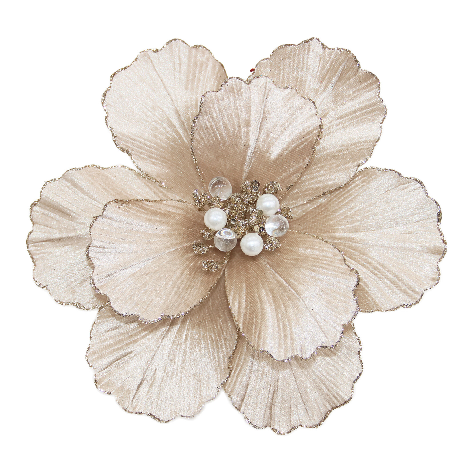 MAGNOLIA HEAD CHAMPAGNE 9″ VELVET PLEATED PETALS, BEADED CENTER & GLITTER