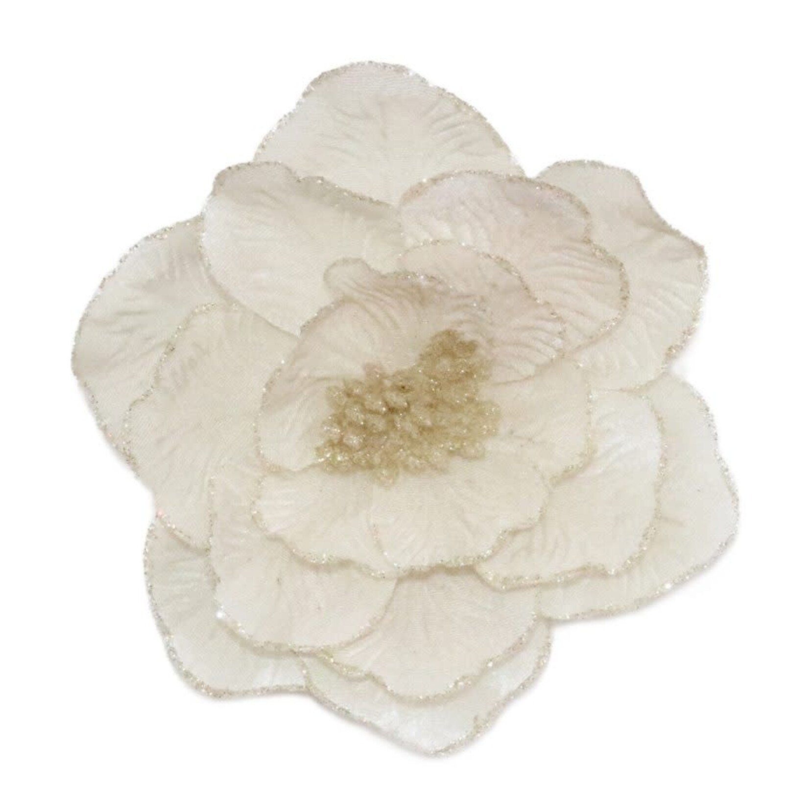 MAGNOLIA HEAD CREAM 8″ FABRIC TEXTURED PETALS W/ GLITTER EDGES