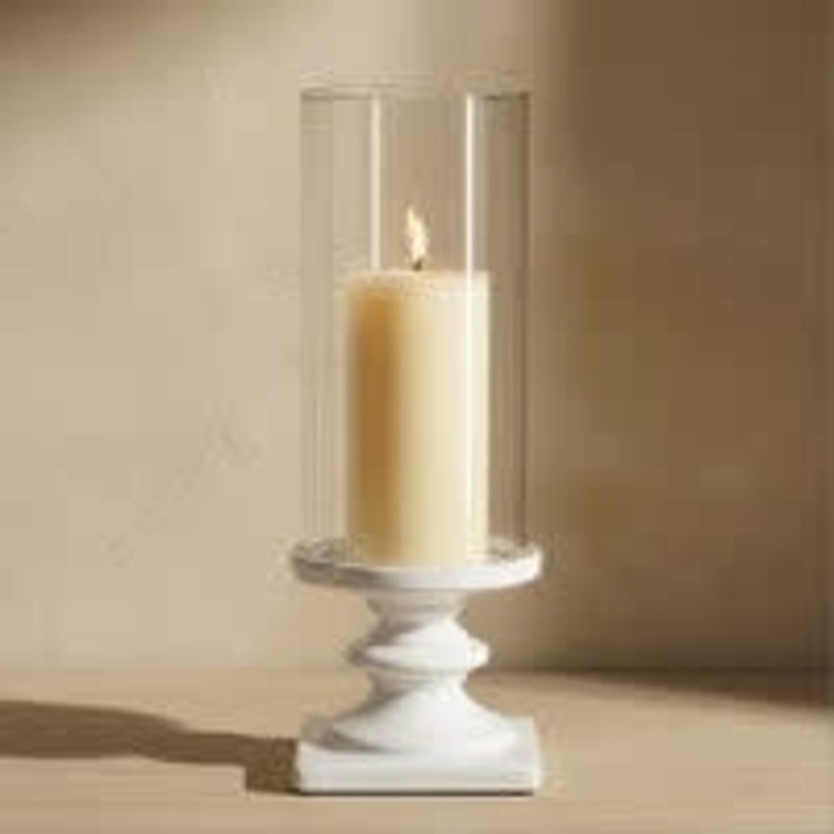 White Ceramic Pedestal 14 Inch Tall Glass Hurricane Candle Holder