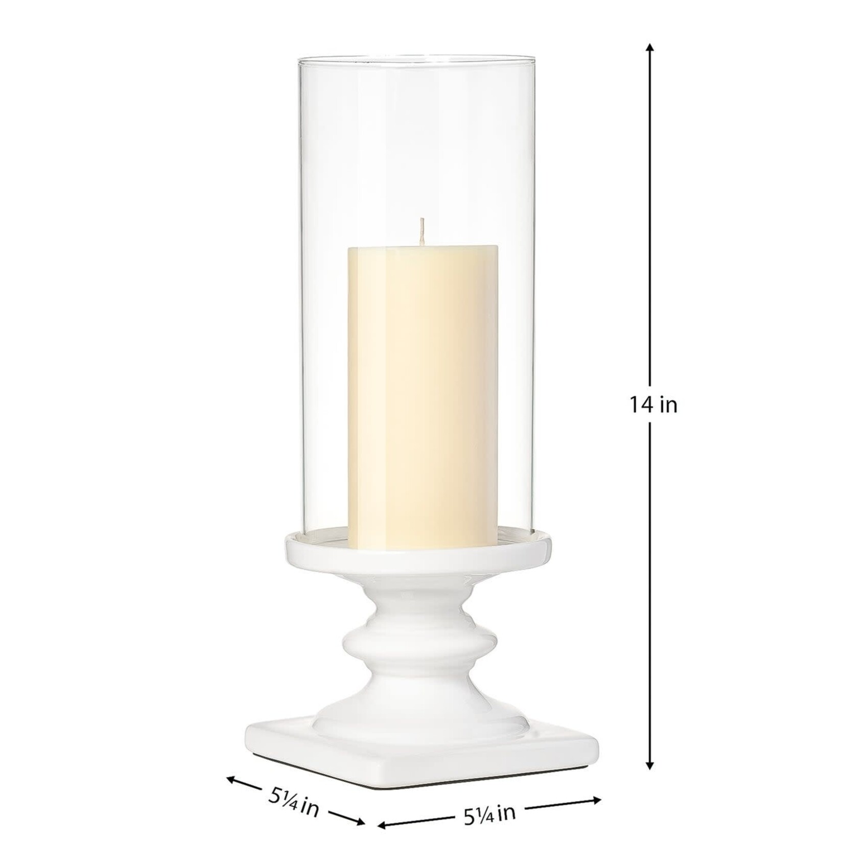 White Ceramic Pedestal 14 Inch Tall Glass Hurricane Candle Holder