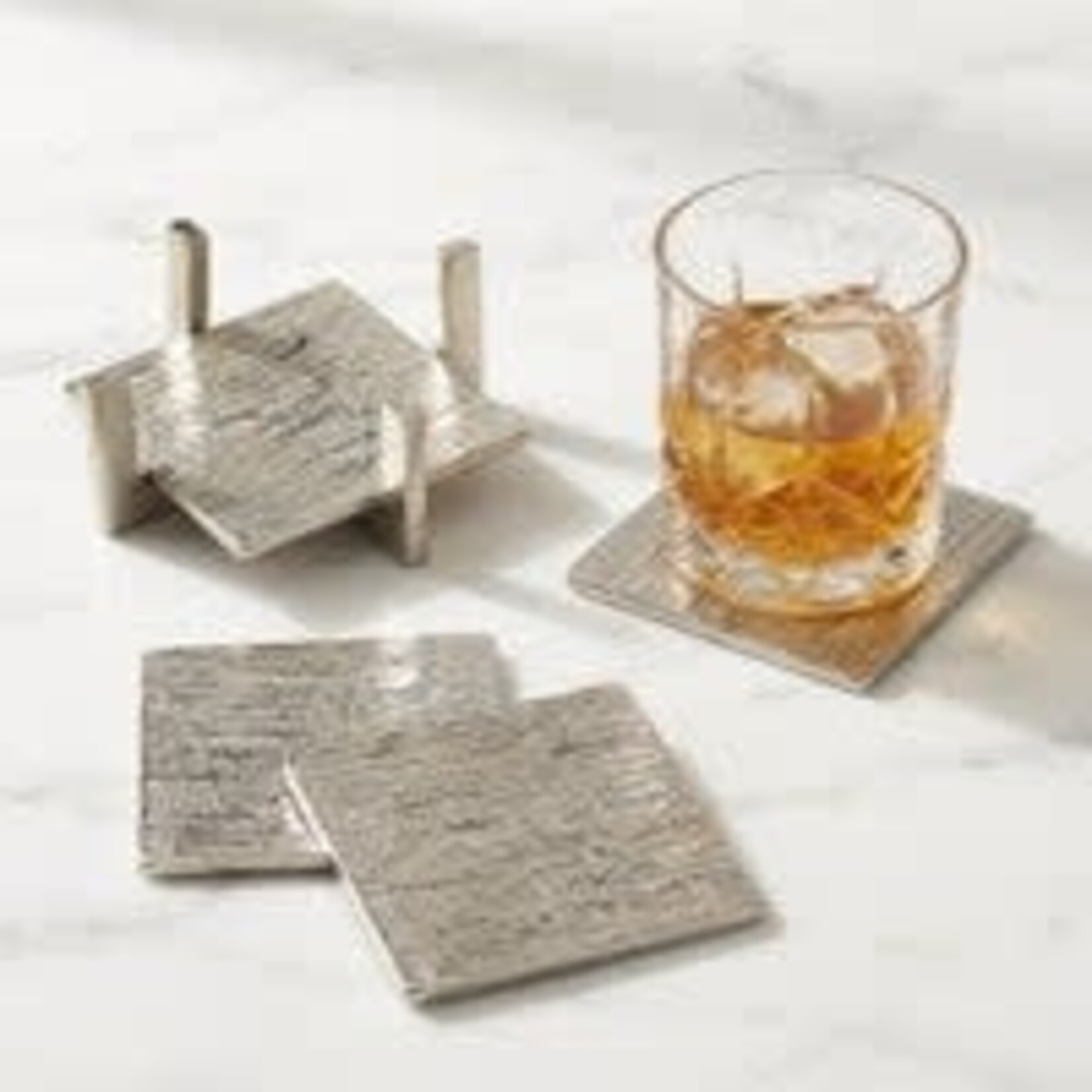 Arta 4 Piece Nickel Plated Grooved Aluminum 4X4 Inch Square Coaster Set with Stand
