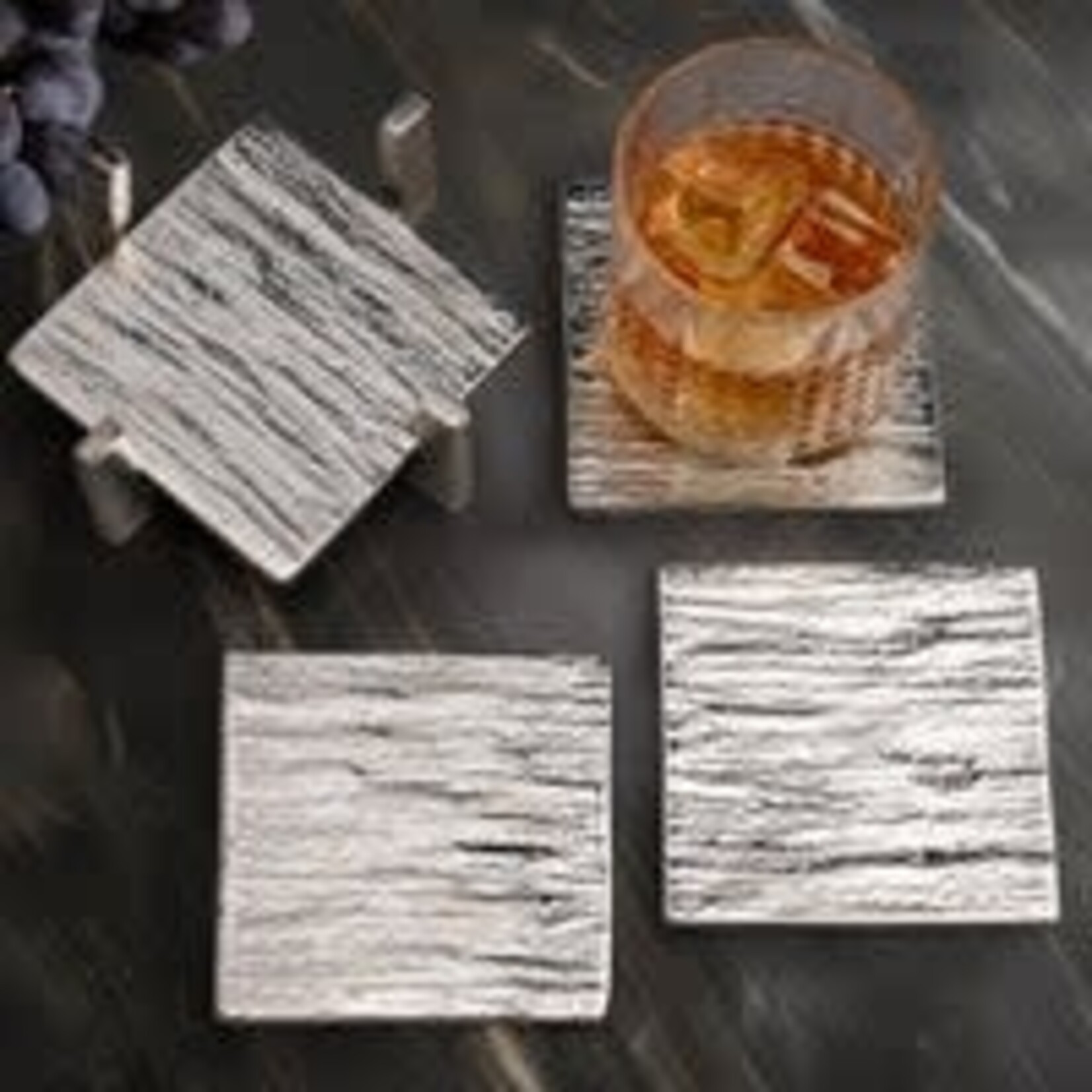 Arta 4 Piece Nickel Plated Grooved Aluminum 4X4 Inch Square Coaster Set with Stand