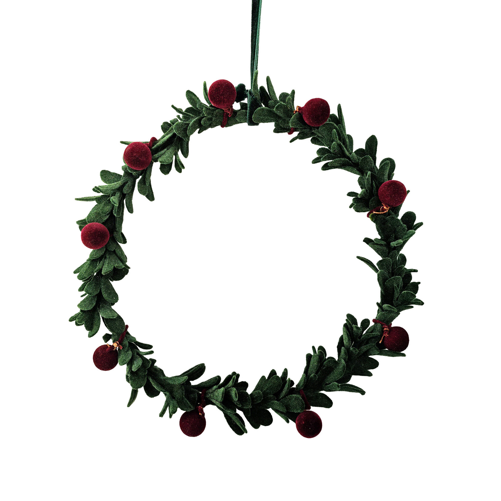 LEAF WREATH FLOCKED 7″ GREEN W/RED BERRIES