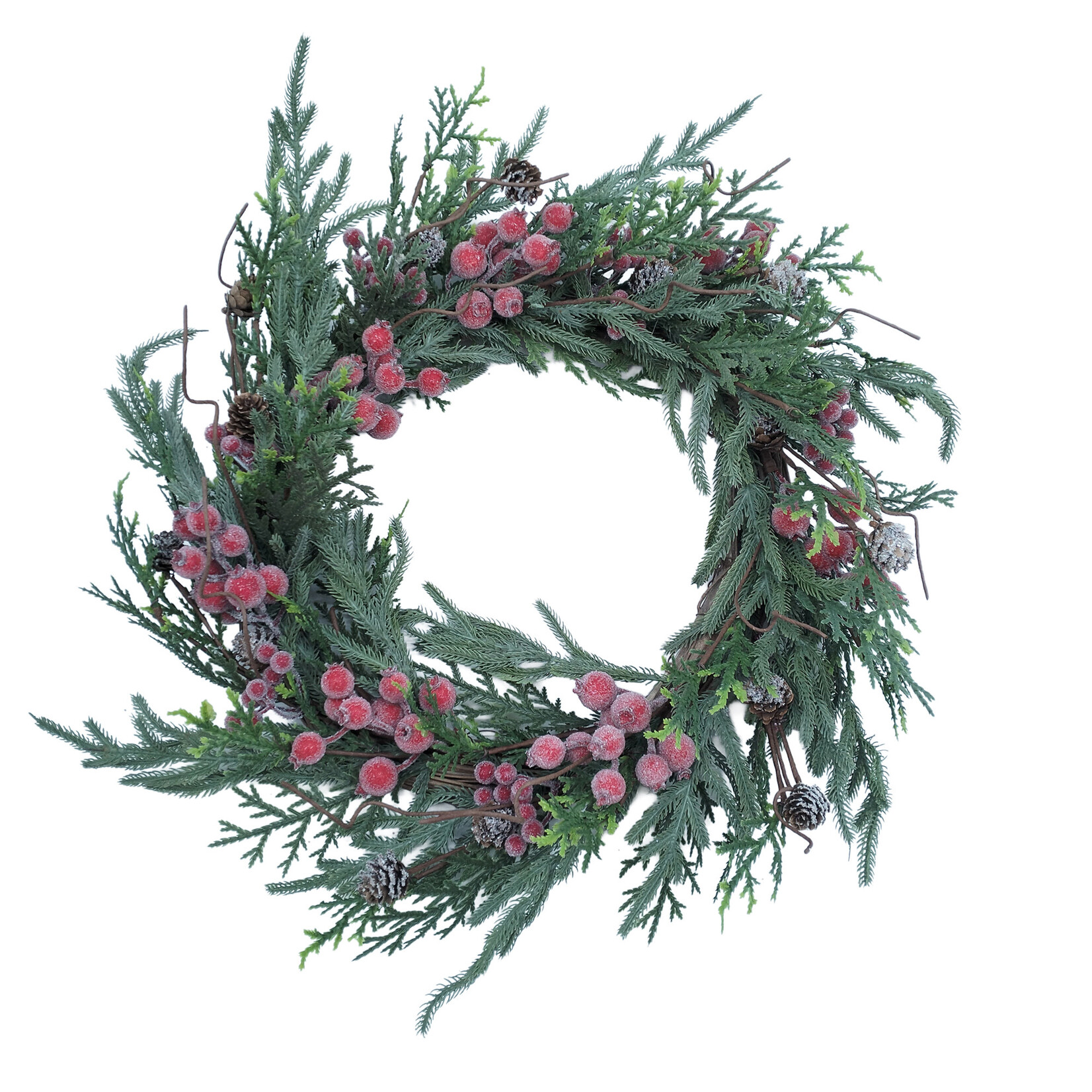 WREATH PINE NEEDLE FROSTED 22.5″ GREEN W/ ICED RED BERRIES