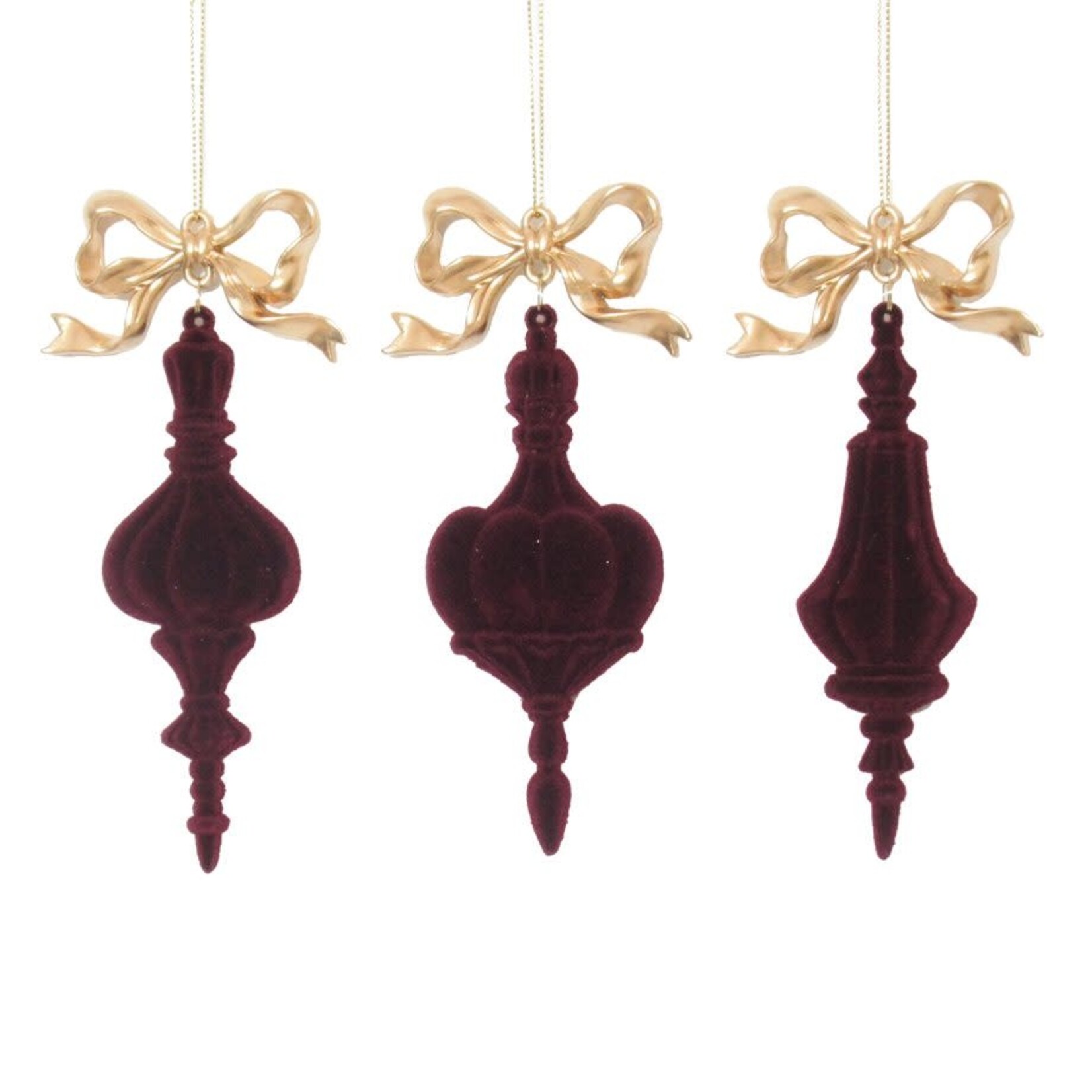 ORN FINIAL DROP W/ BOW 6.1″/6.3″ MATTE GOLD W/BURGUNDY FLOCKING
