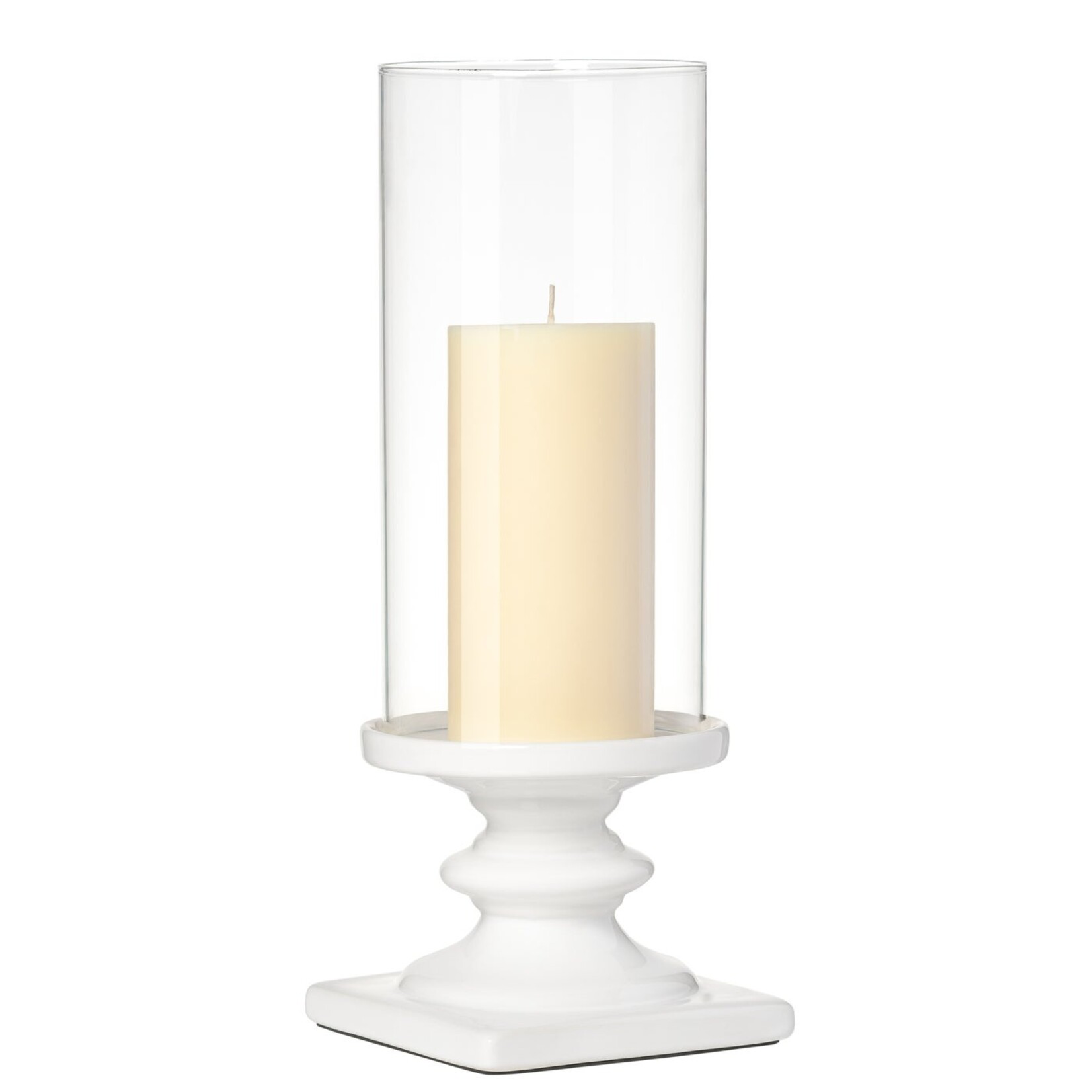 White Ceramic Pedestal 14 Inch Tall Glass Hurricane Candle Holder
