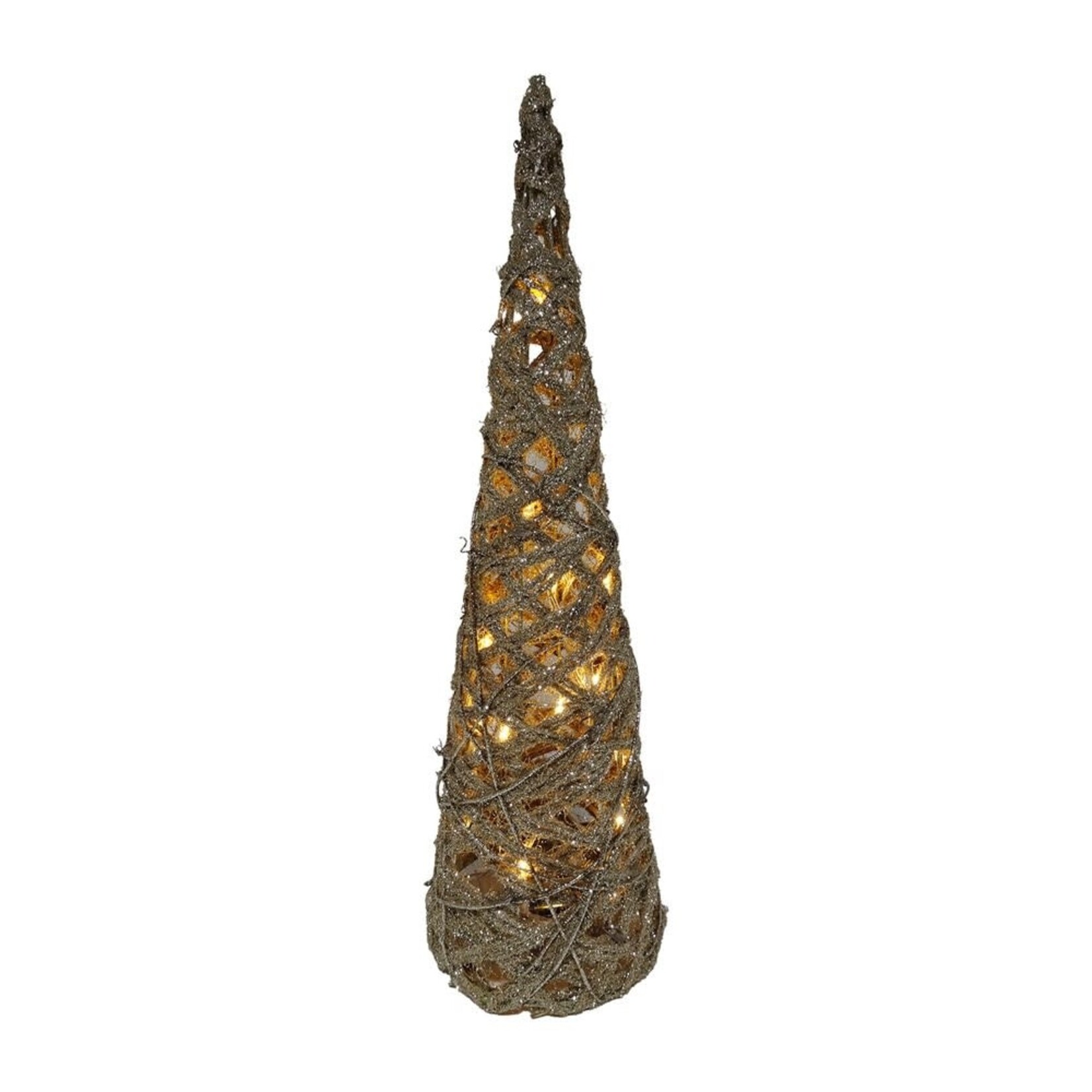 CONE TREE RATTAN/HEMP ROPE FROSTED 16" W/ GOLD GLITTER, 15-LED LIGHT