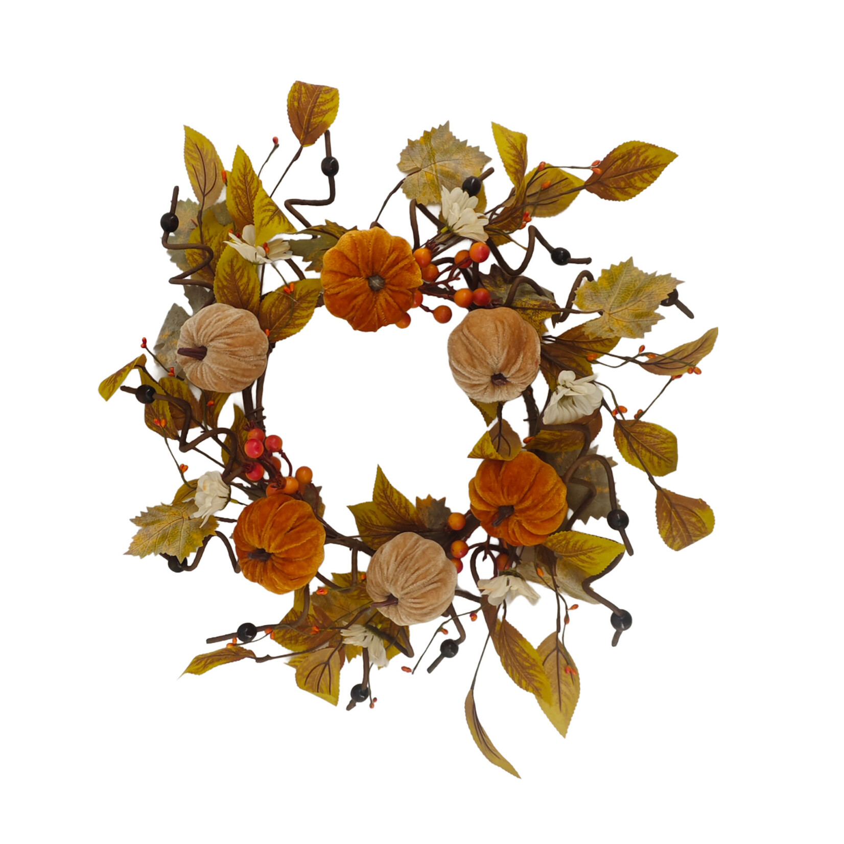 FALL WREATH VELVET PUMPKIN 24″ ORANGE BEIGE CREAM BROWN TWIG