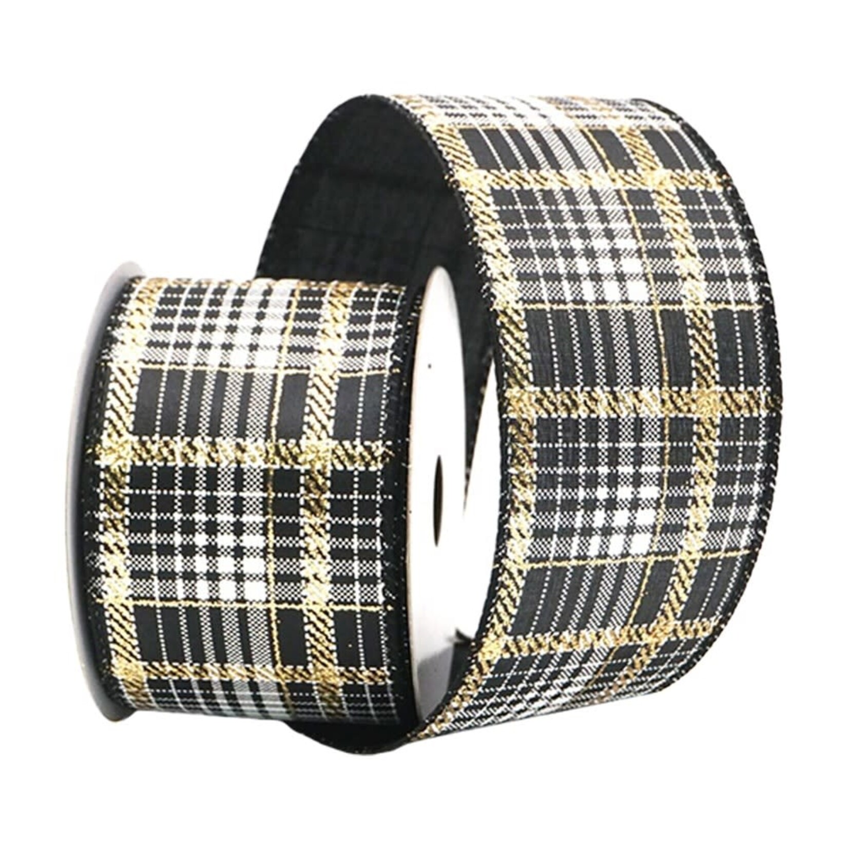 WIRED RIBBON 2.5"X10 YDS BLACK W/ WHITE & GOLD PLAID PATTERN