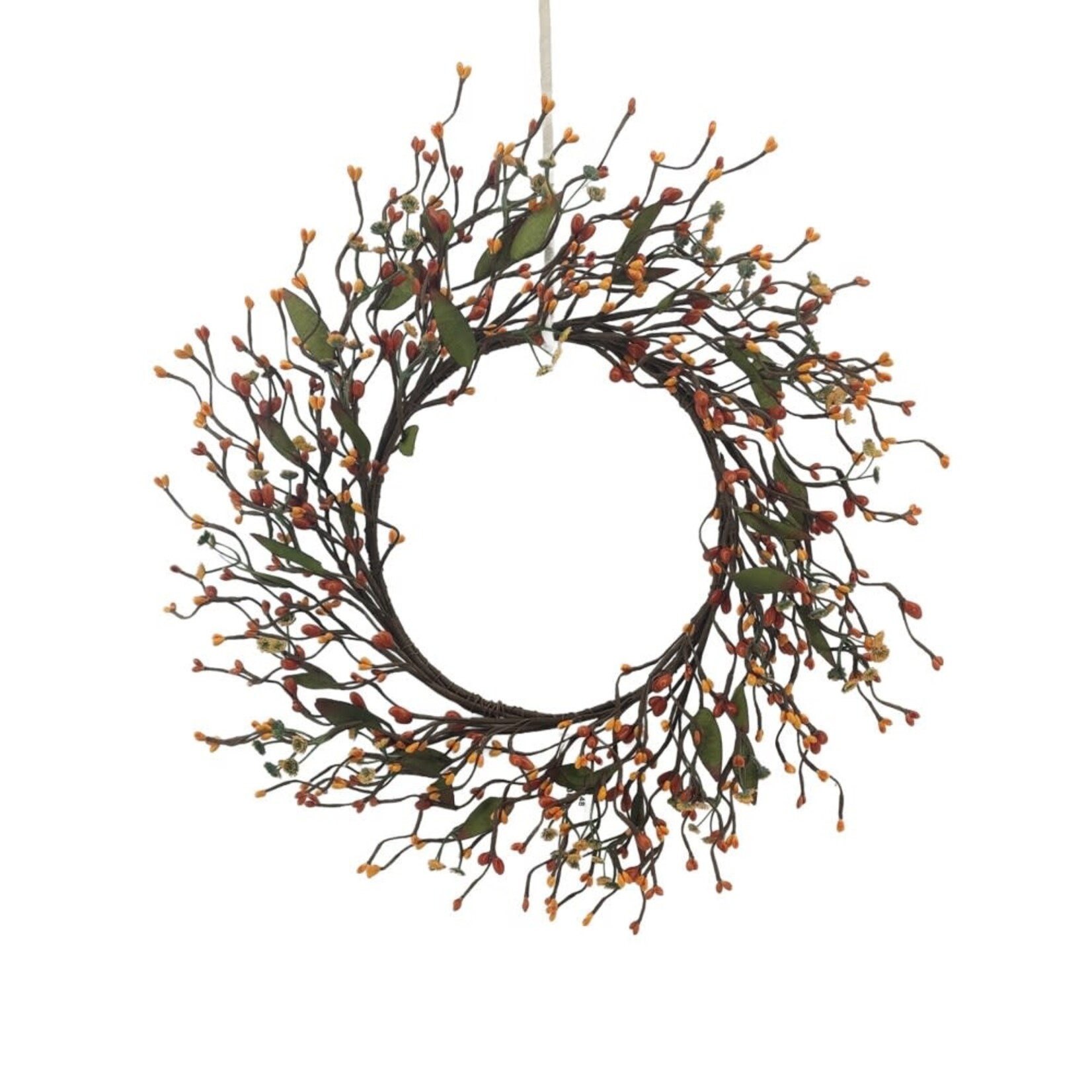 FALL WREATH WILDFLOWER BUD 20" ORANGE YELLOW GREEN LEAF WISPY VINE