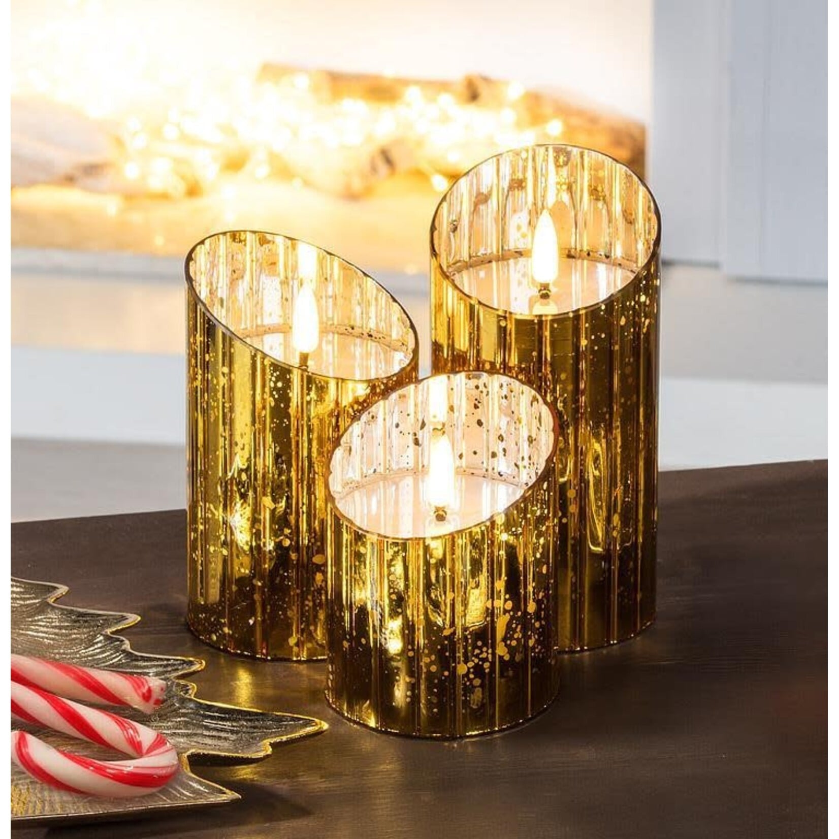 Large Melt Look LED Pillar in Glass-Gold 3x6"H
