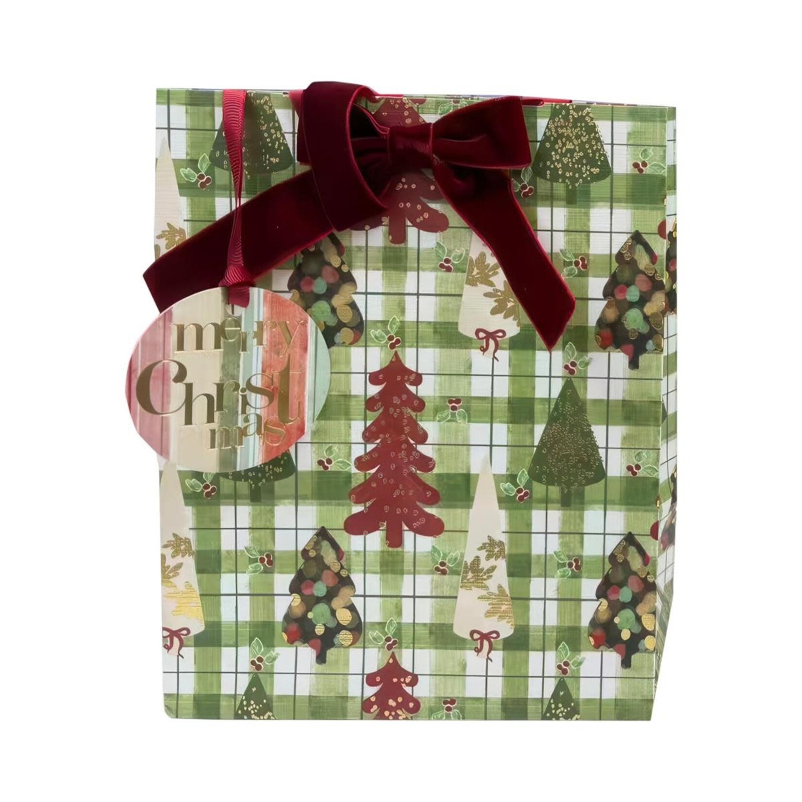 Xmas Gift Bag, Plaid Trees w/Velvet Bow, Medium,