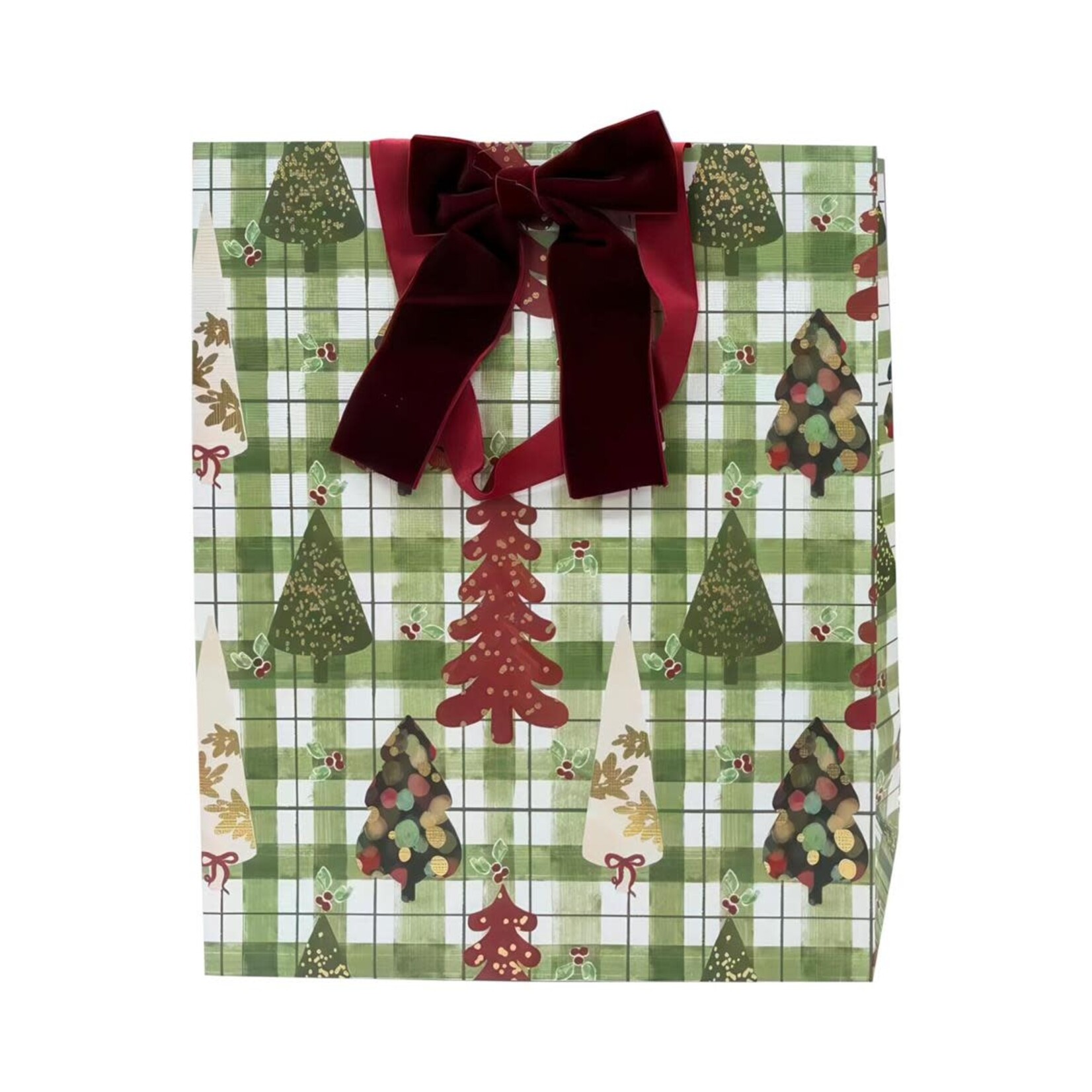 Xmas Gift Bag, Plaid Trees w/Velvet Bow, Large,