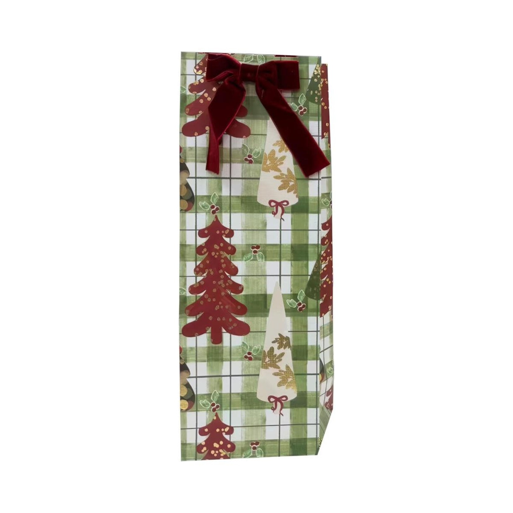 Xmas Gift Bag, Plaid Trees w/Velvet Bow, Bottle