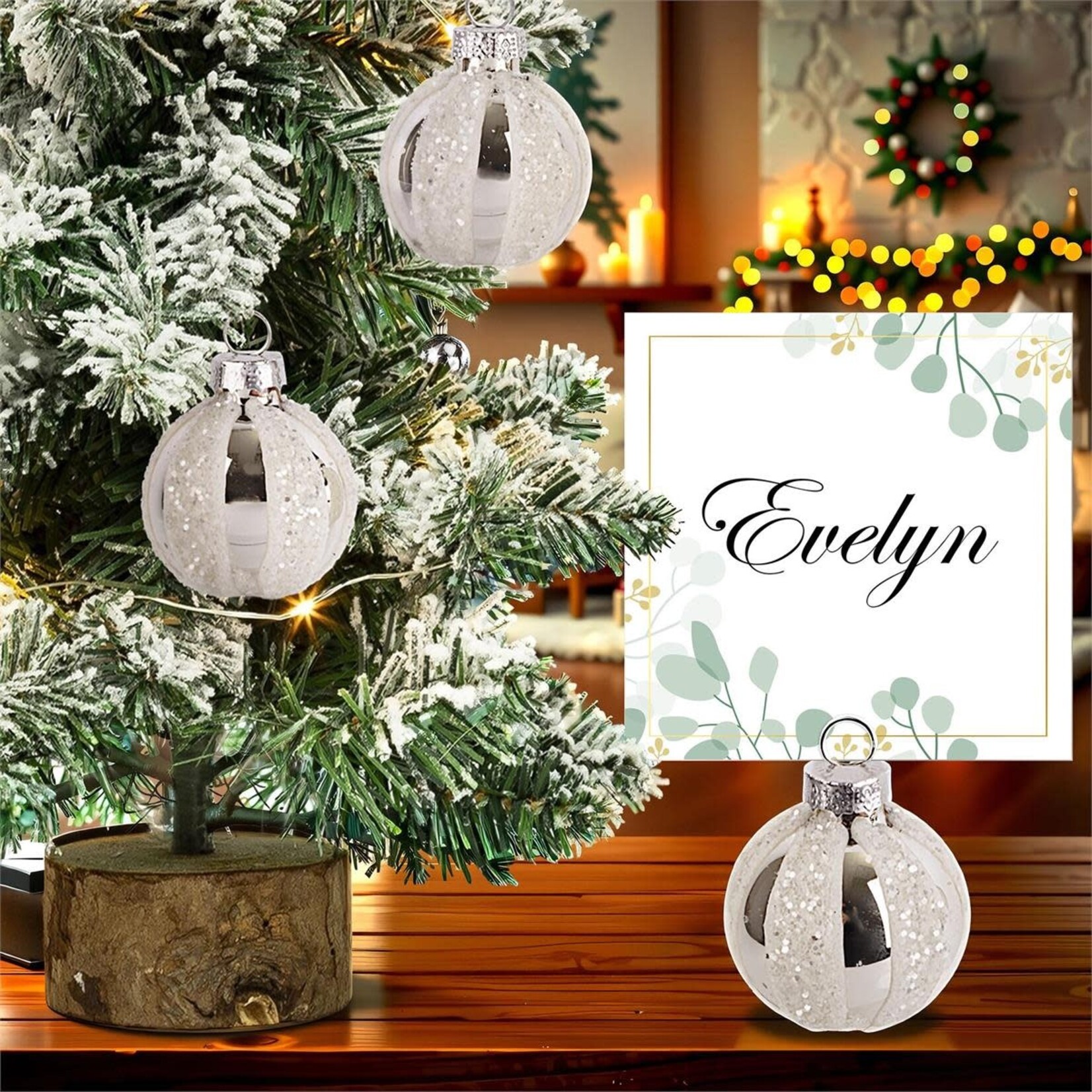 6pk Christmas Silver Sripes Embossed Place Card Holder Ornament.