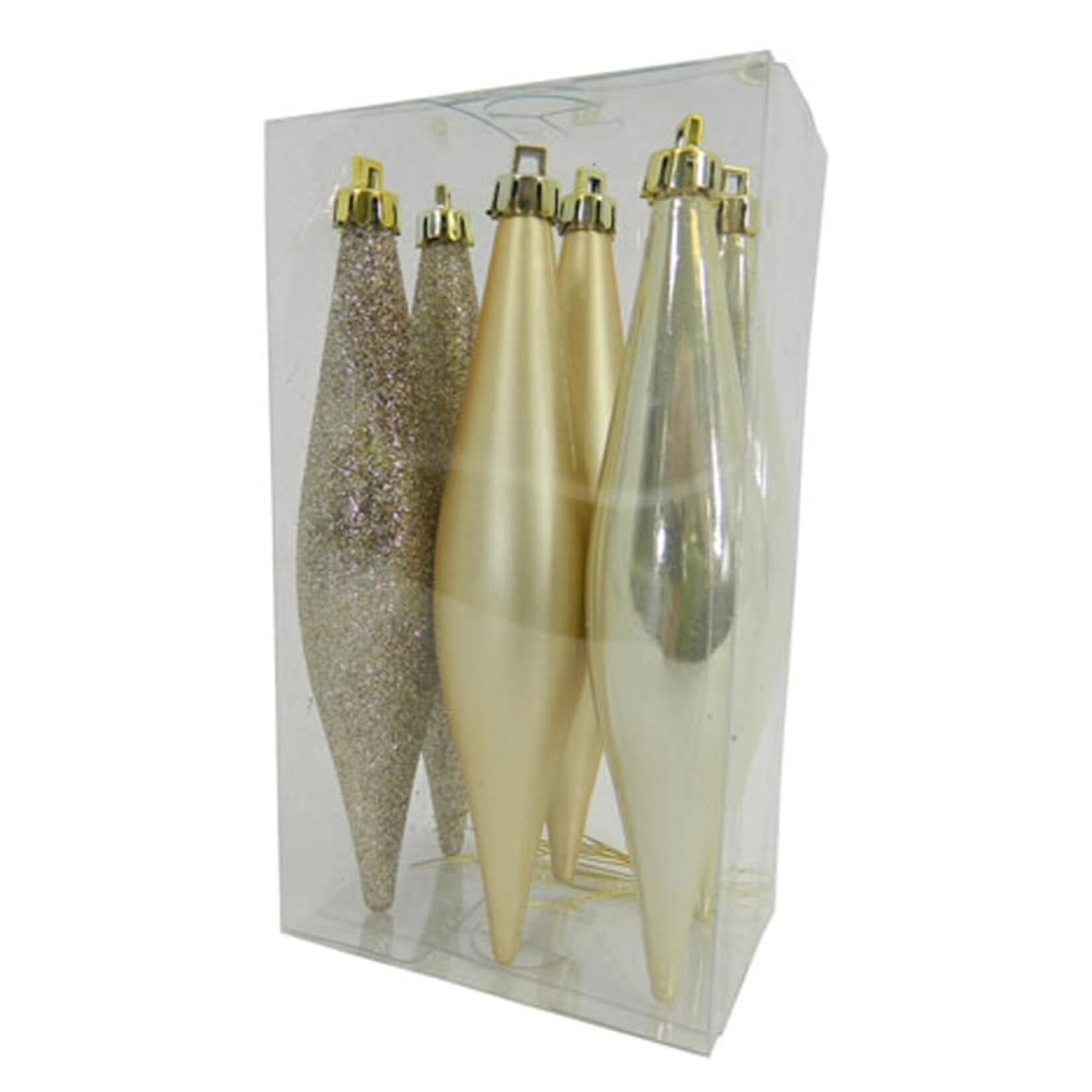 ORN. FINIALS BOXED 6PC 140MM CHAMPAGNE PEARLIZED / MATTE / GLITTER
