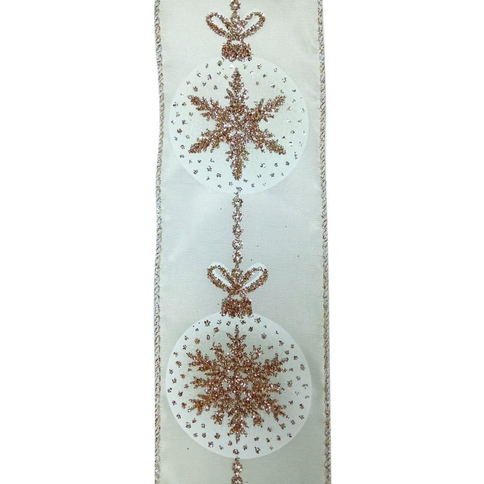 WIRED RIBBON 2.5"X10 YDS IVORY W/ GOLD SNOWFLAKES IN BALL