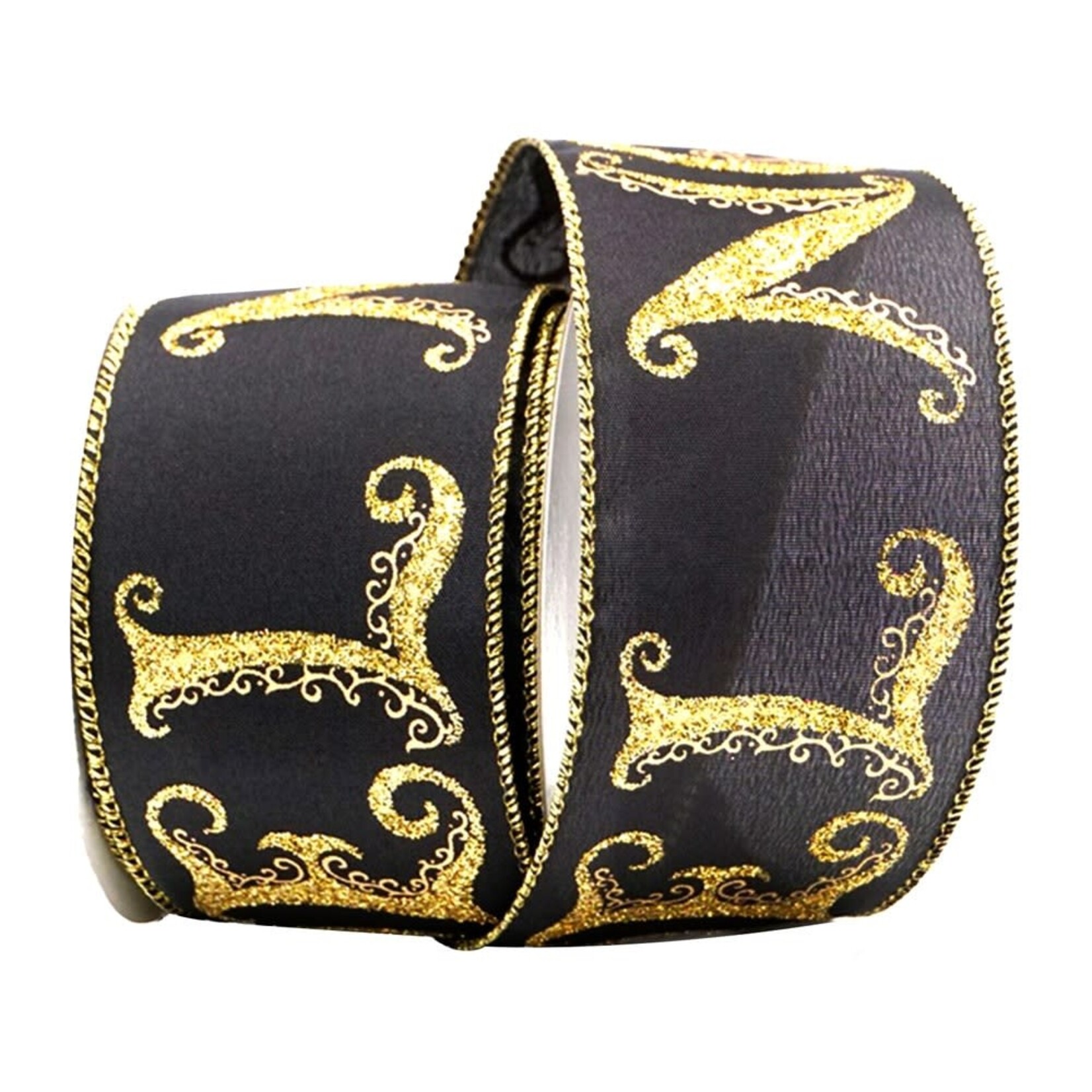 WIRED RIBBON 2.5"X10 YDS BLACK W/ GOLD "NOEL"