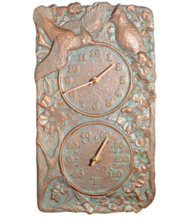 Cardinal Indoor Outdoor Wall Clock & Thermometer , Copper Verdigris