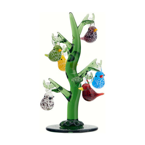 Green Glass Tree with Bird Ornaments   Green Glass Tree with Bird Ornaments