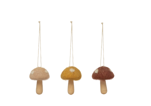  Creative Co-Op Wool and Wood Mushroom Ornament 