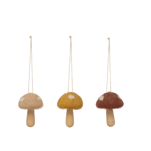  Creative Co-Op Wool and Wood Mushroom Ornament 