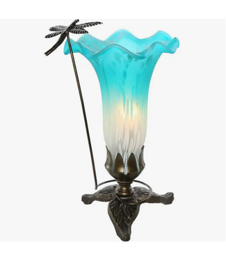 River of Goods Teal and White Handpainted Glass Dragonfly Lily Lamp