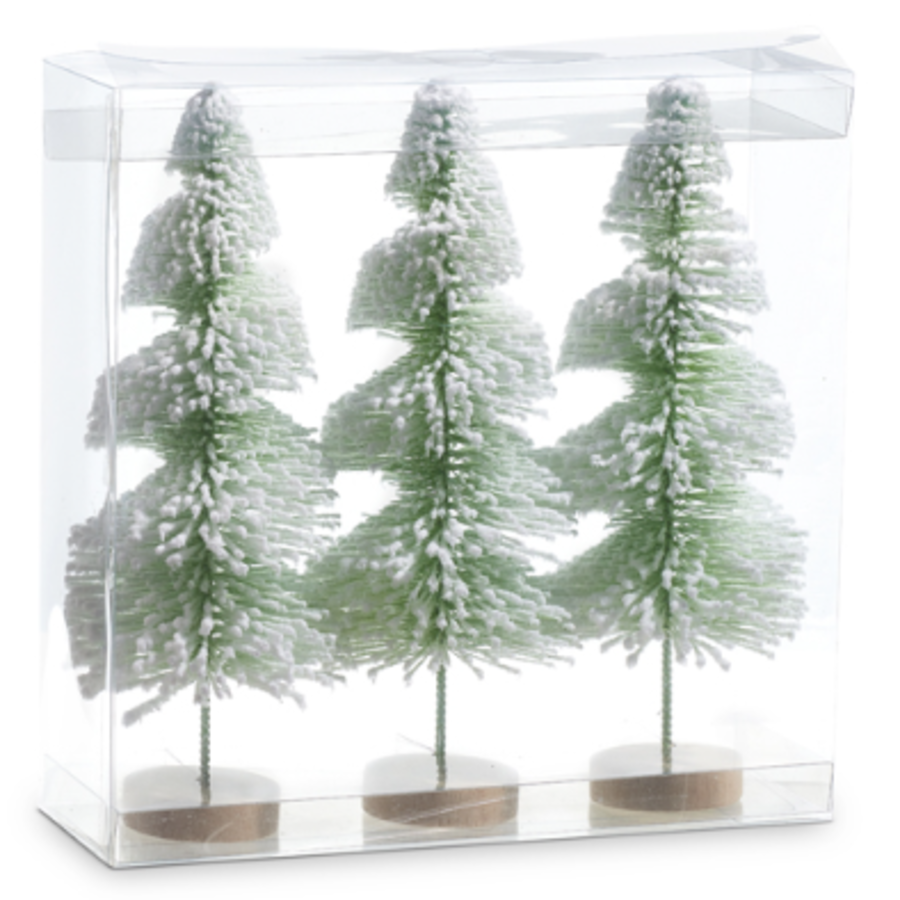 Box of 3 Green Snowy Bottle Brush Trees 9"
