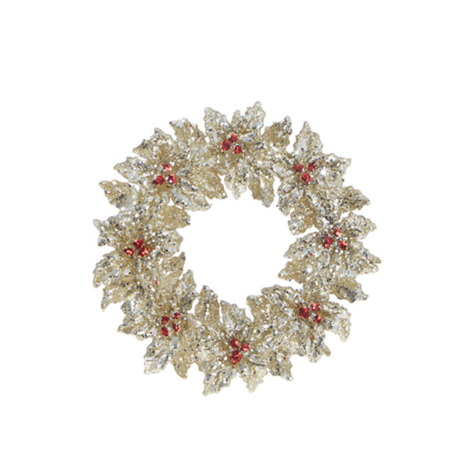 Glittered Holly Wreath Orn 5"