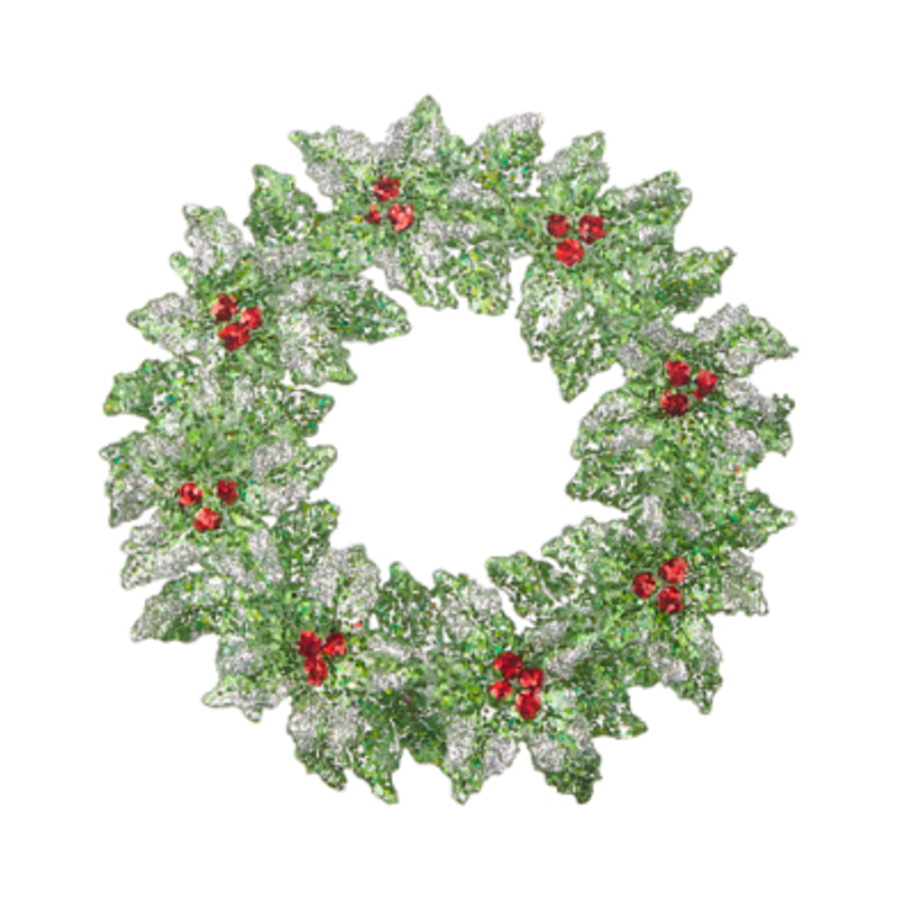 Glittered Holly Wreath Orn 5"