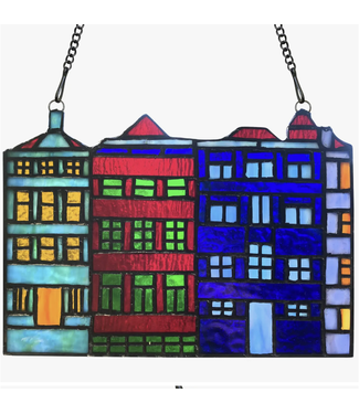 River of Goods Row House Skyline Multicolor Stained Glass Window Panel